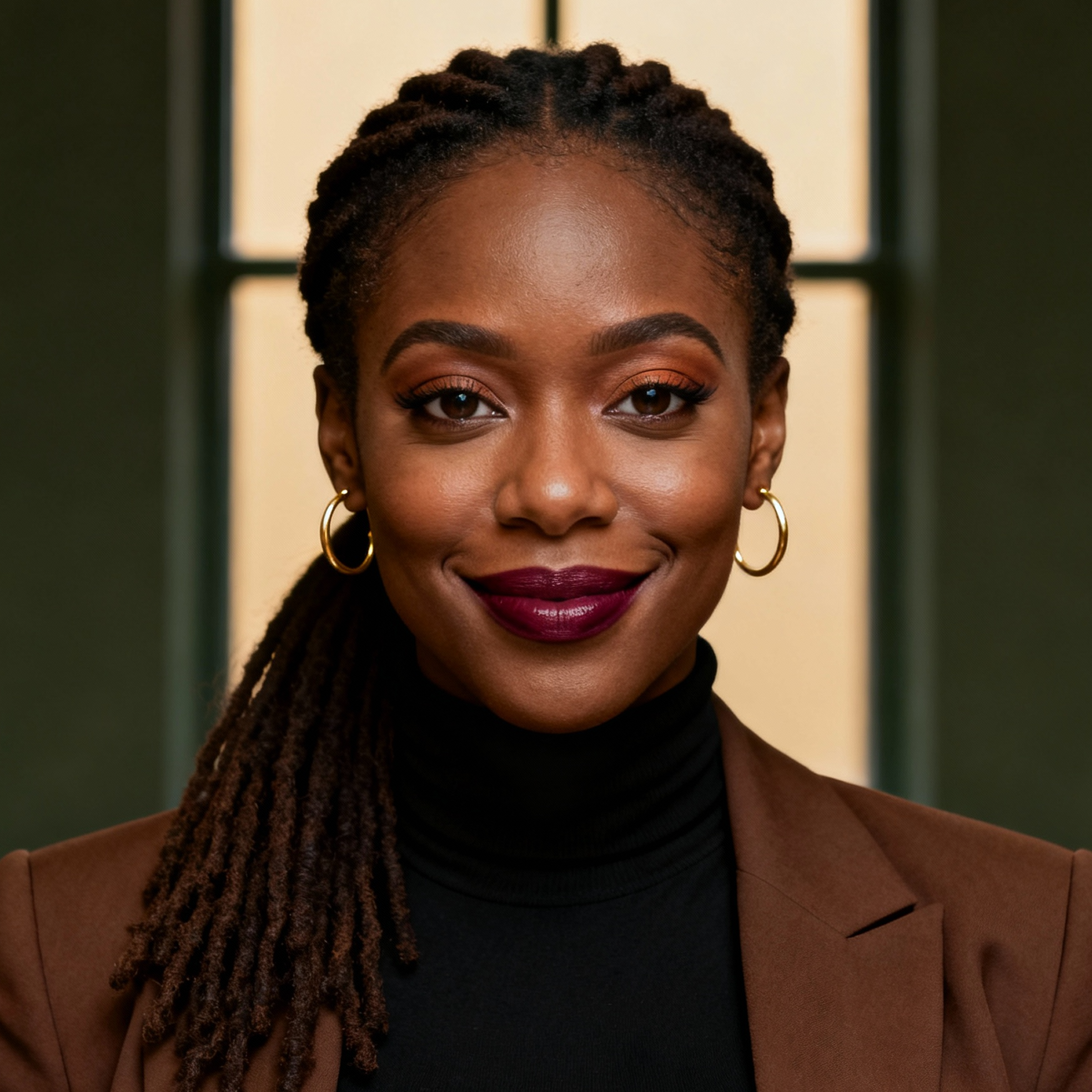 AI-generated portrait of a young woman with long locs pulled back and hoop earrings, wearing a dark turtleneck and blazer, posed with a soft smile against a window-lit background in warm light.