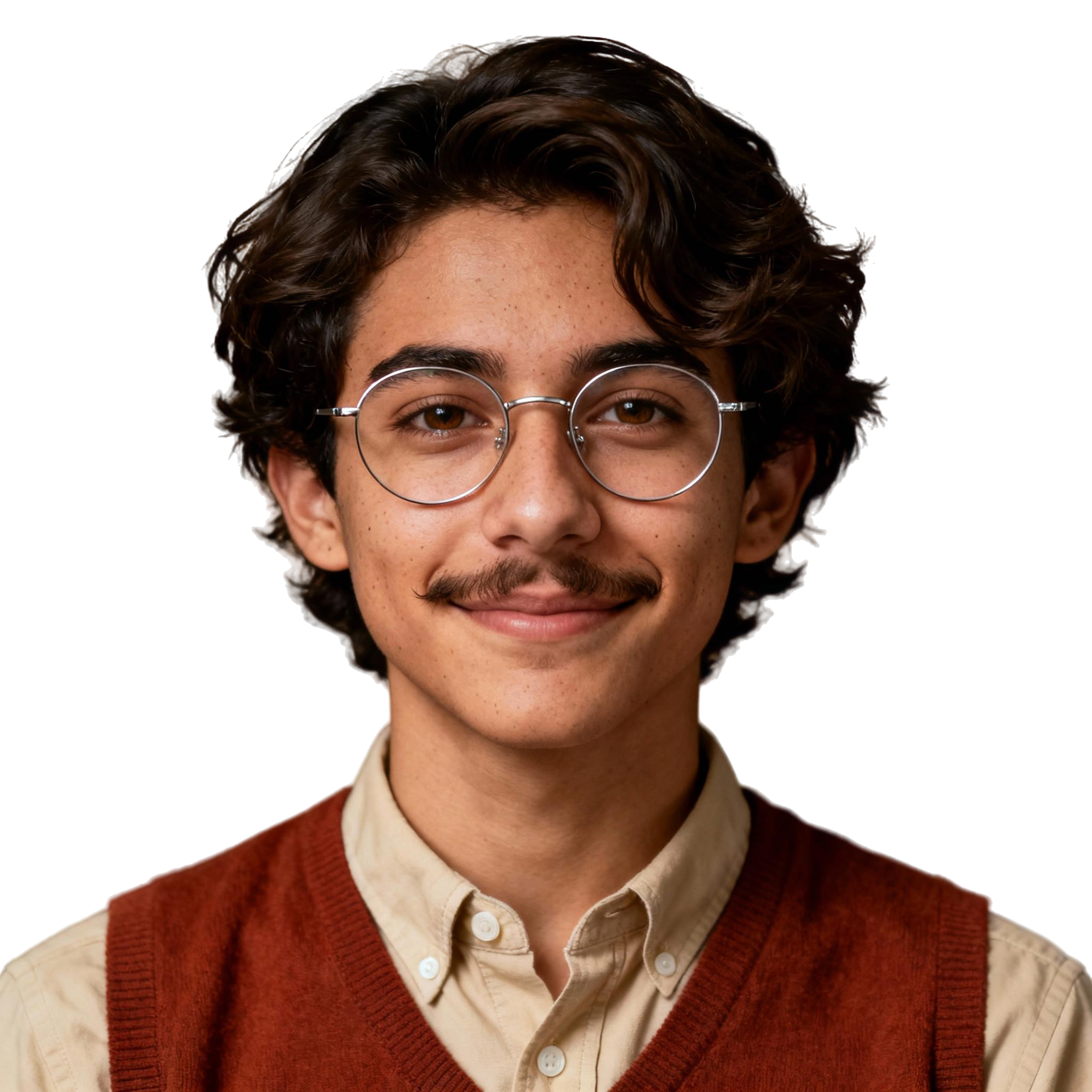 AI-generated portrait of a young man with wavy hair and round glasses, wearing a button-down shirt and sweater vest, posed with a calm smile against a transparent background in soft light.