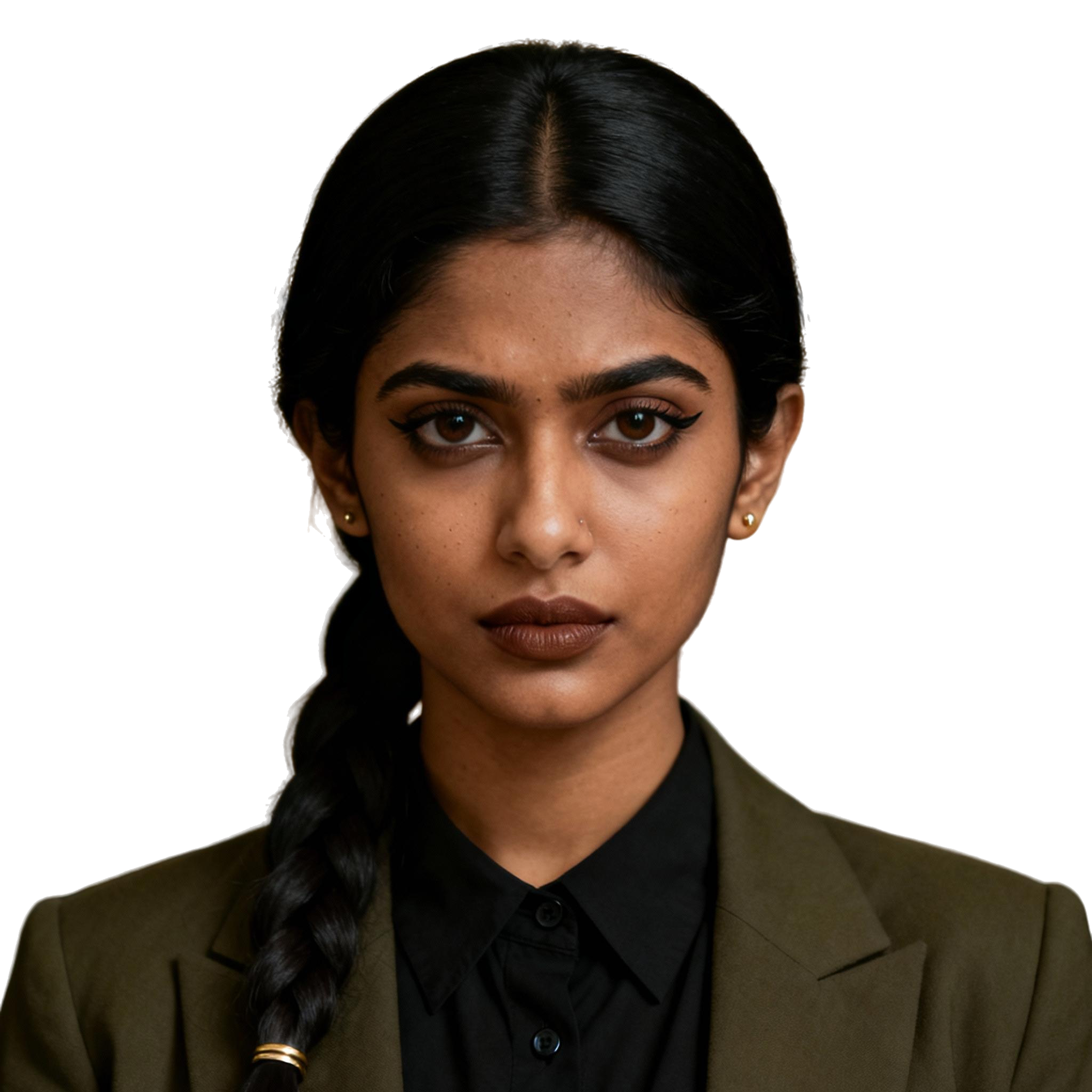 AI-generated portrait of a young woman with a long braided ponytail and defined eye makeup, wearing a dark collared shirt and blazer, posed with a focused expression against a transparent background in soft light.