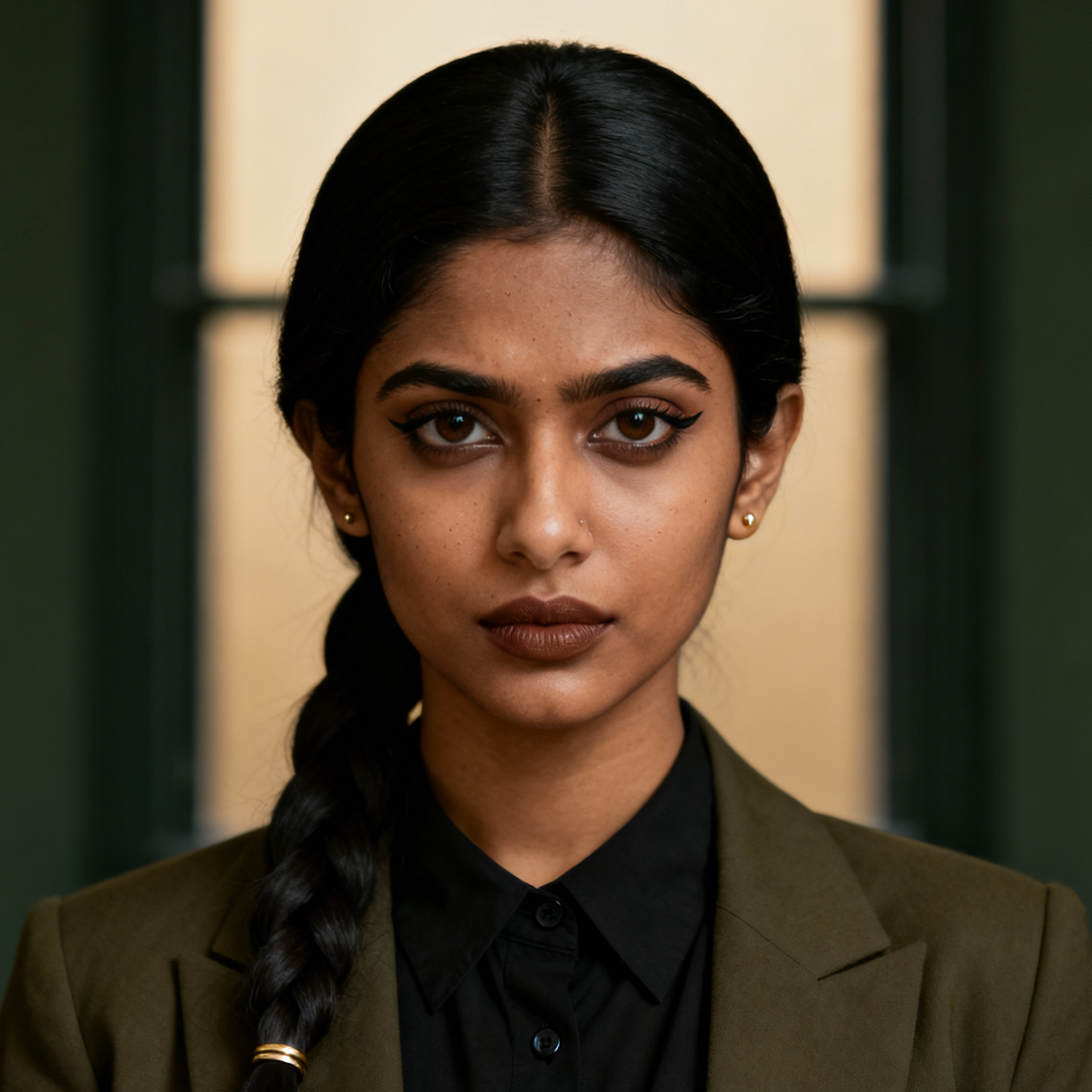 AI-generated portrait of a young woman with a long braided ponytail and defined eye makeup, wearing a dark collared shirt and blazer, posed with a focused expression against a window-lit background in soft light.