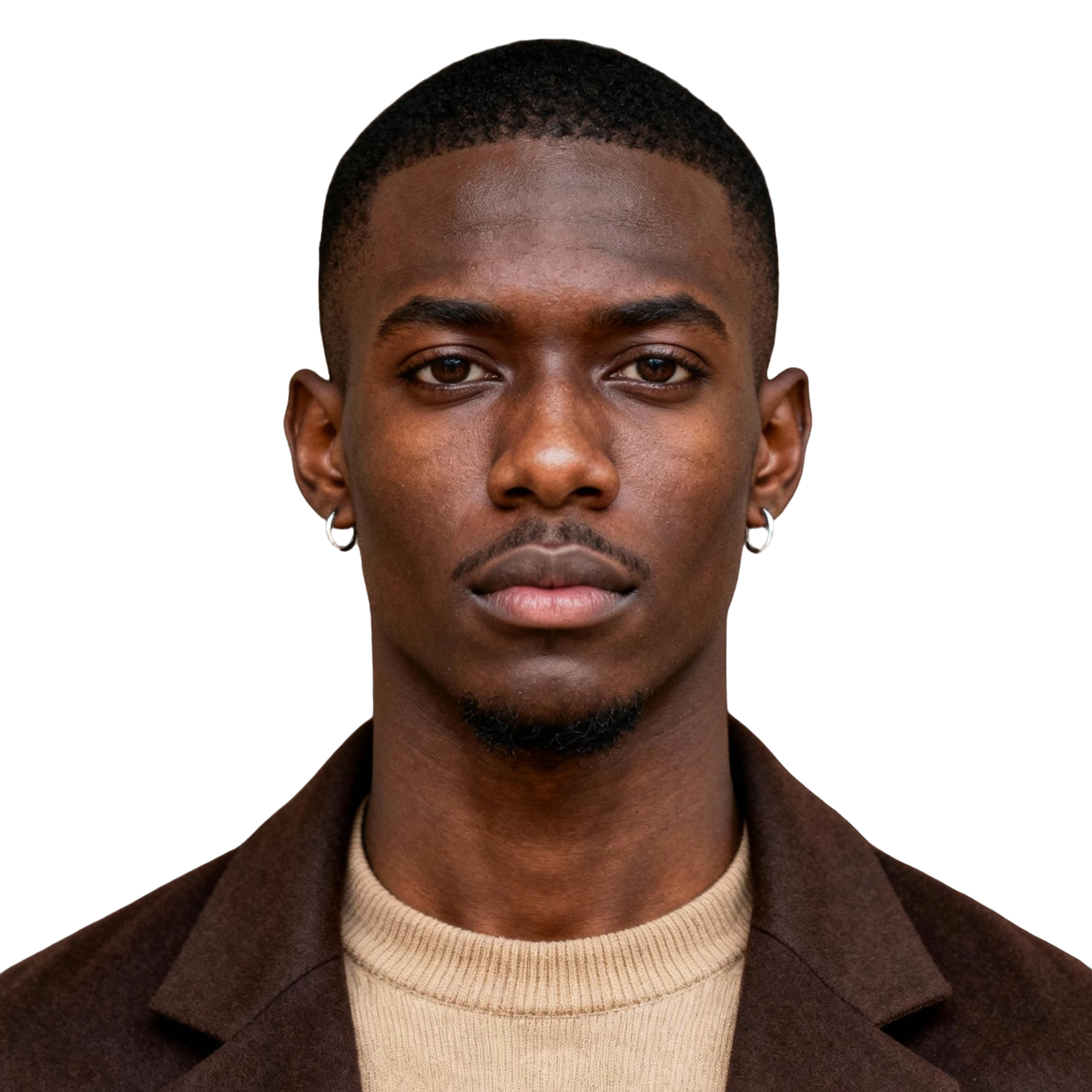 AI-generated portrait of a young man with close-cropped hair and small hoop earrings, wearing a knit top and blazer, posed with a serious expression against a transparent background in soft warm light.