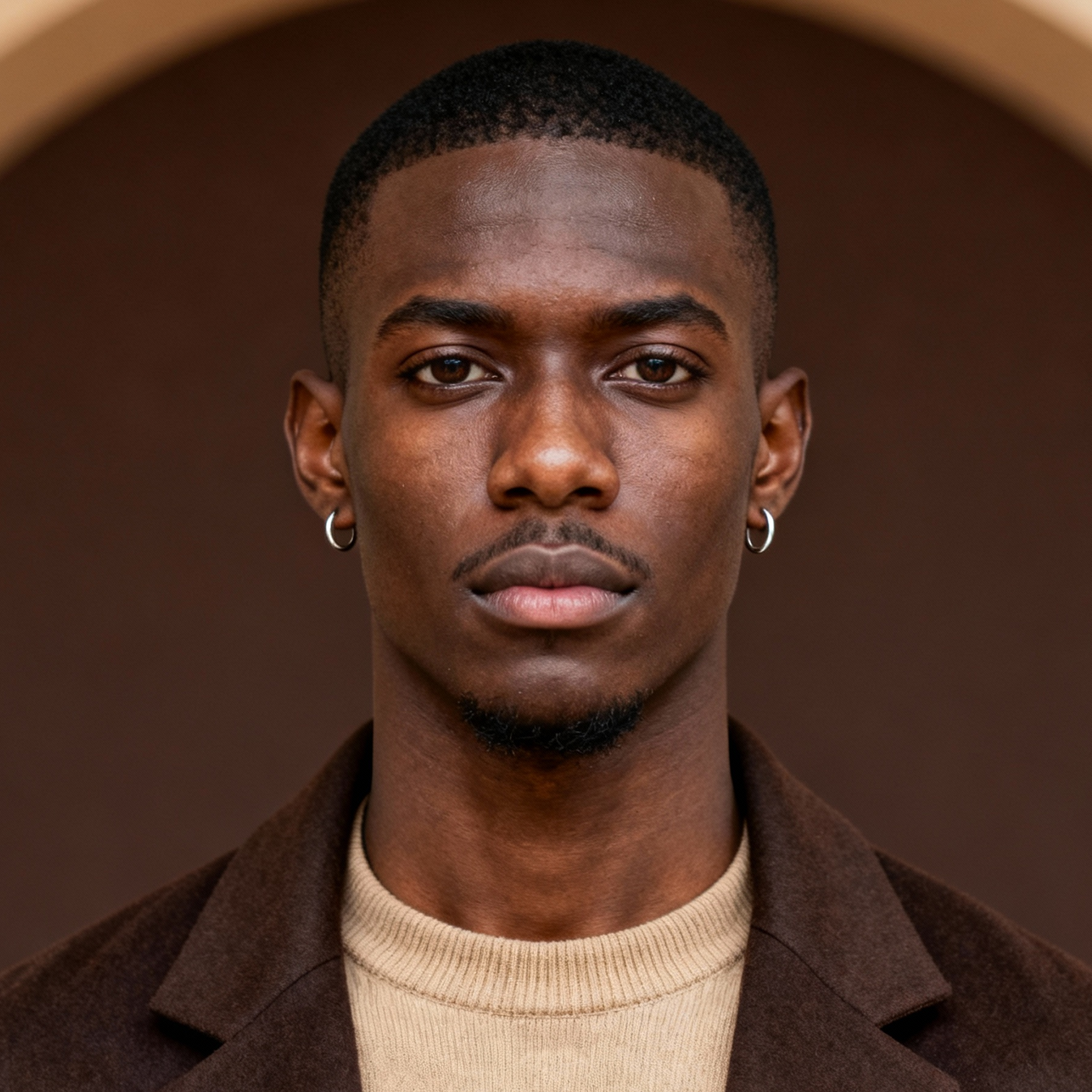 AI-generated portrait of a young man with close-cropped hair and small hoop earrings, wearing a knit top and blazer, posed with a serious expression against a brown arched background in soft warm light.