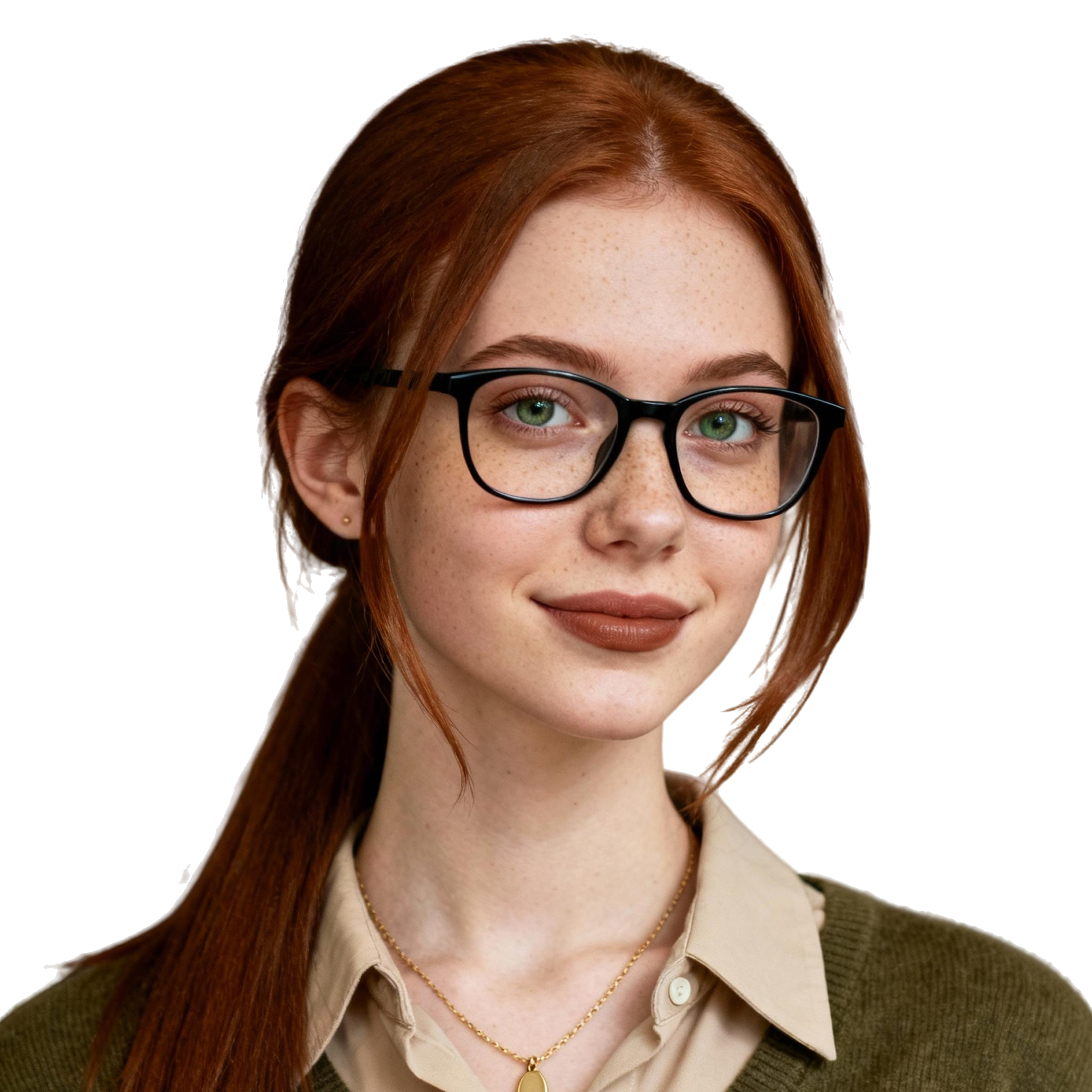 AI-generated portrait of a young woman with long hair pulled back and glasses, wearing a collared shirt and knit cardigan, posed with a gentle expression against a transparent background in warm light.