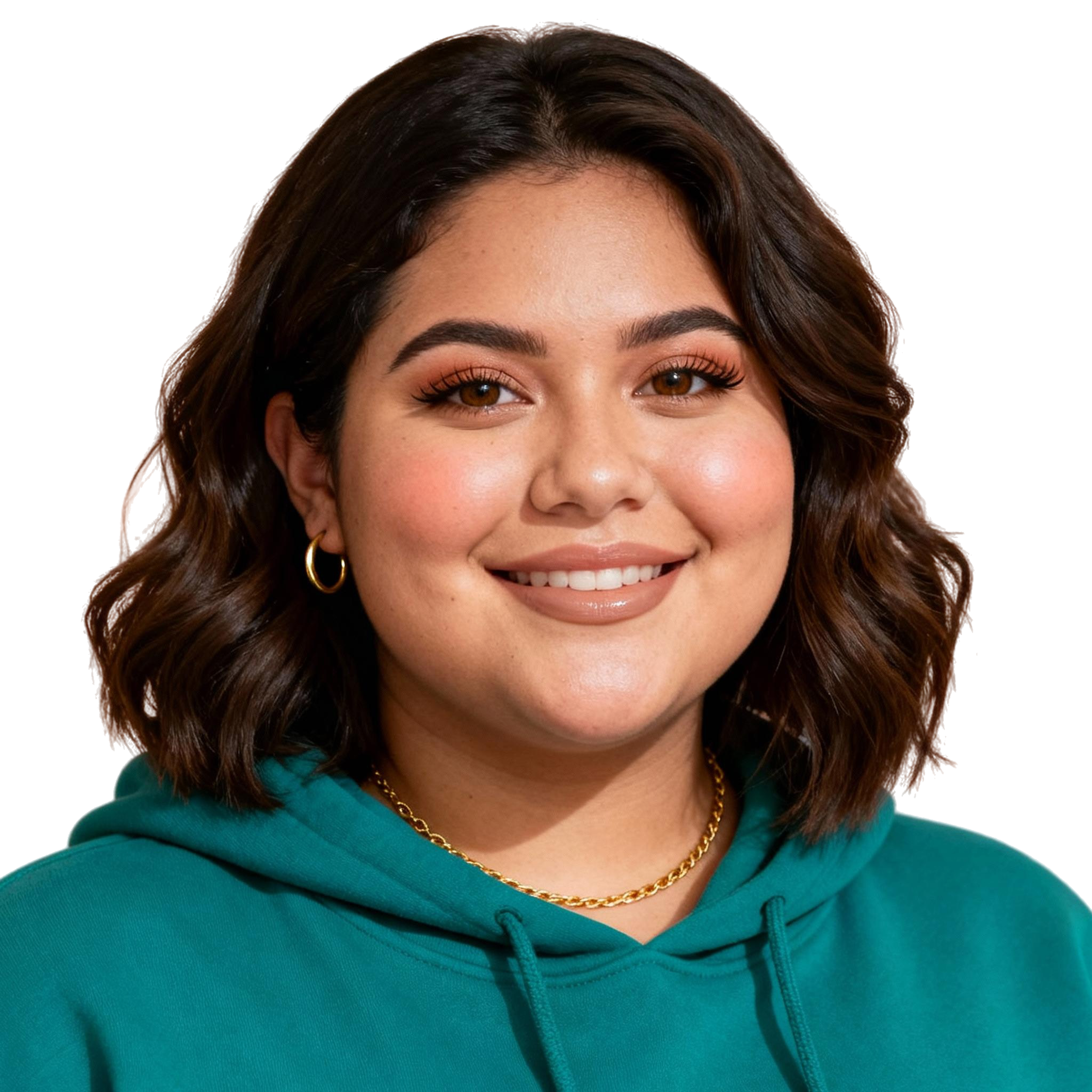 AI-generated portrait of a young woman with shoulder-length wavy hair and subtle makeup, wearing a green hoodie and gold necklace, posed with a calm expression against a transparent background in natural light.