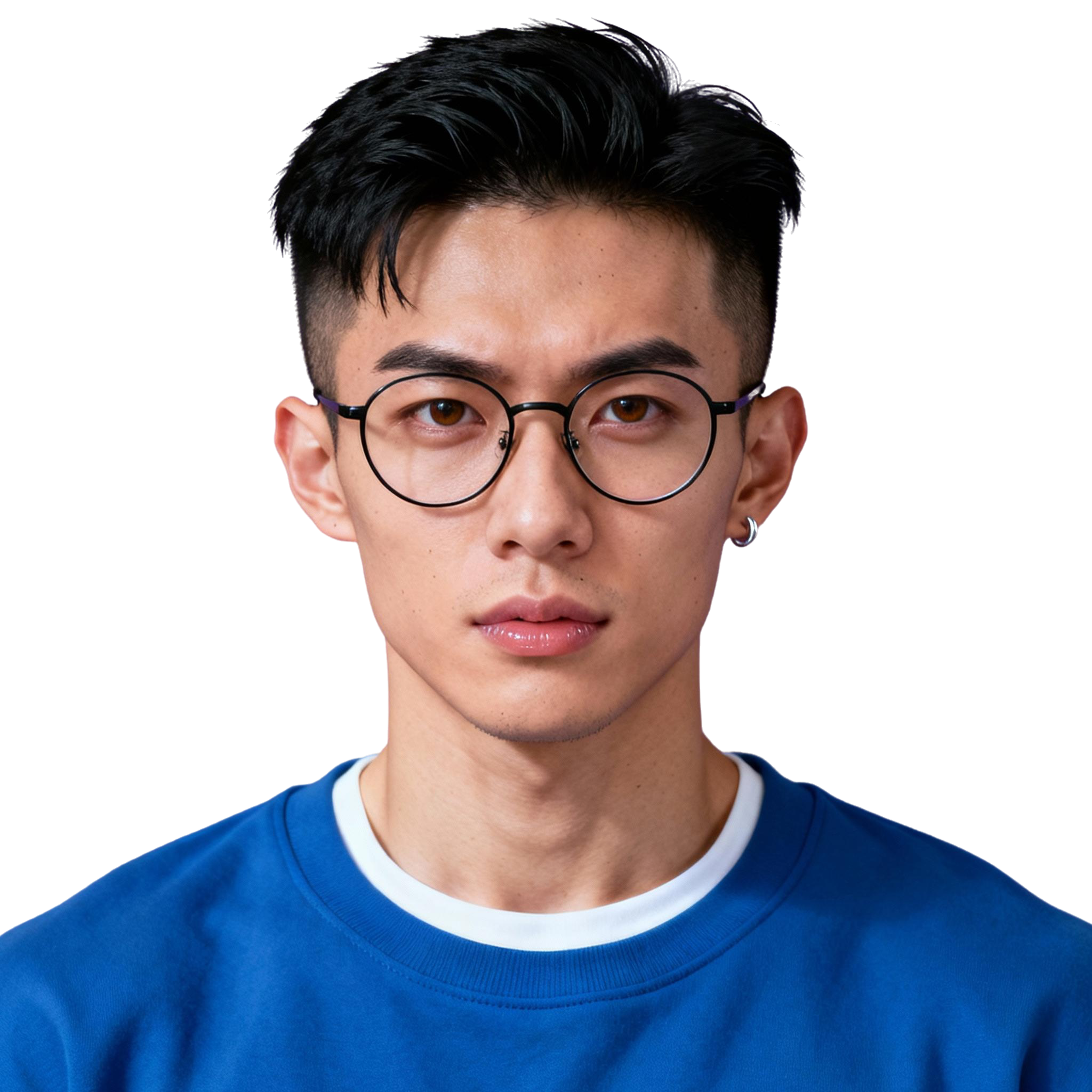 AI-generated portrait of a young man with short dark hair and round glasses, wearing a blue sweatshirt, posed with a serious expression against a transparent background in even light.