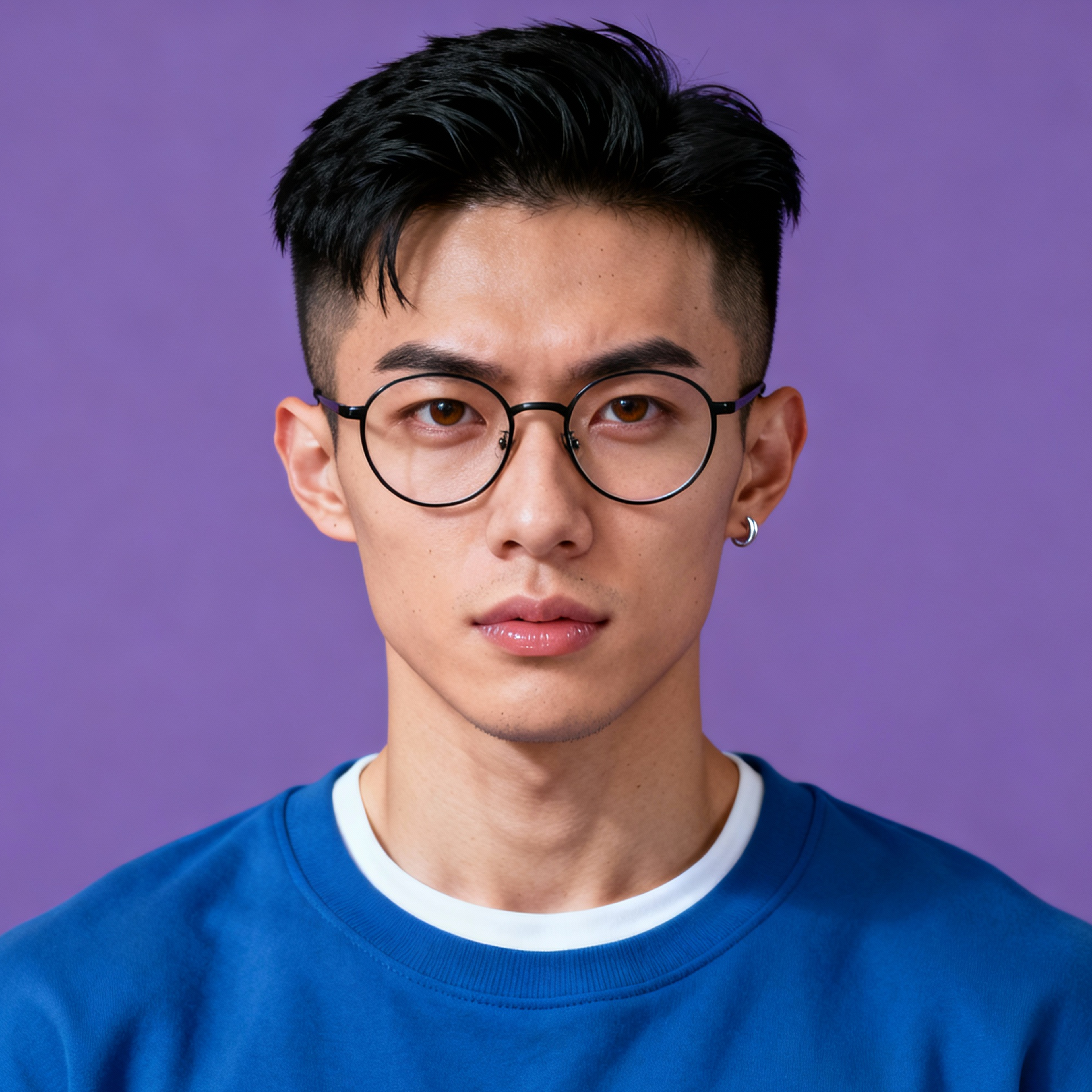 AI-generated portrait of a young man with short dark hair and round glasses, wearing a blue sweatshirt, posed with a serious expression against a muted purple background in even light.