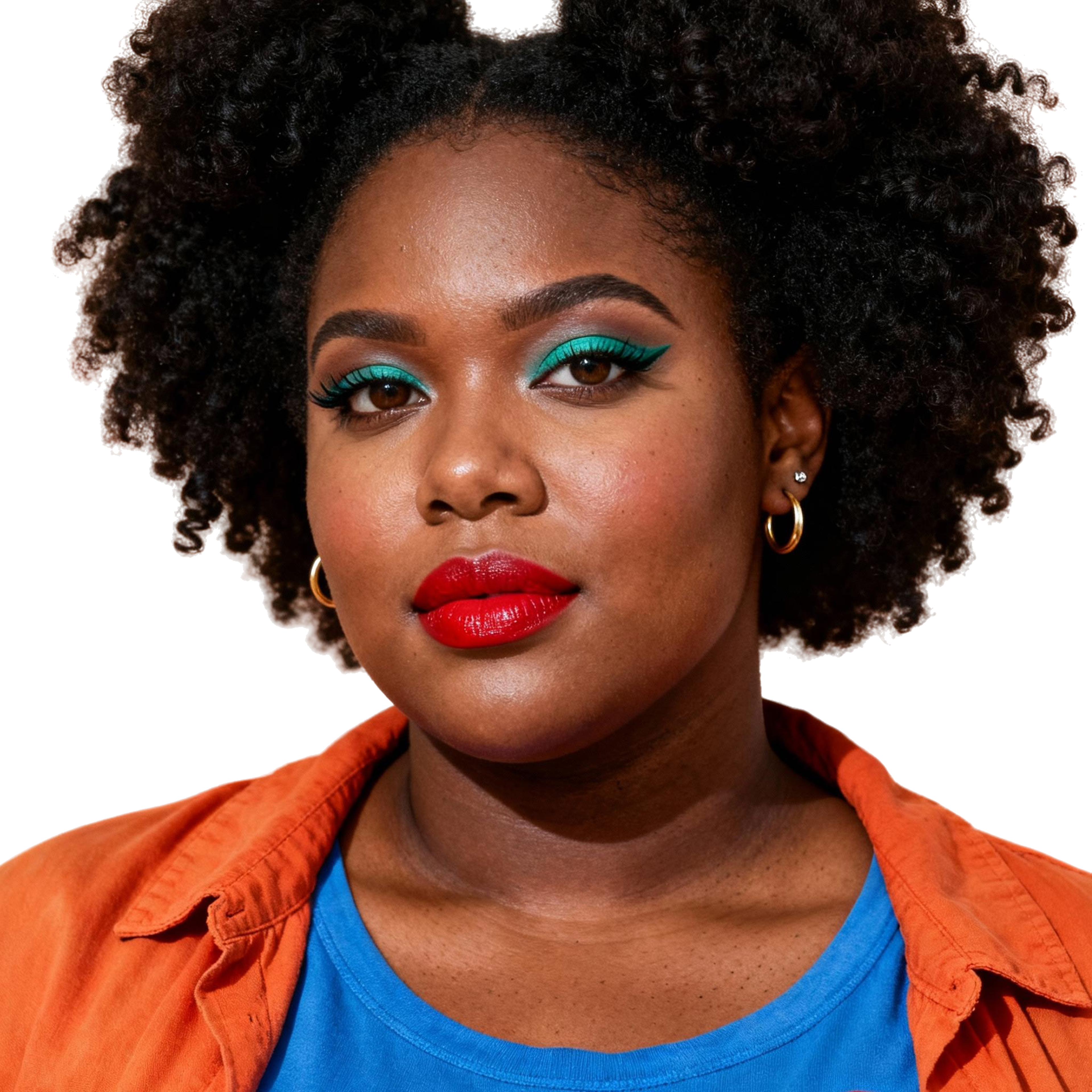 AI-generated portrait of a young woman with a full afro hairstyle and defined makeup, wearing a blue top and orange overshirt, posed with a steady expression against a transparent background in soft light.