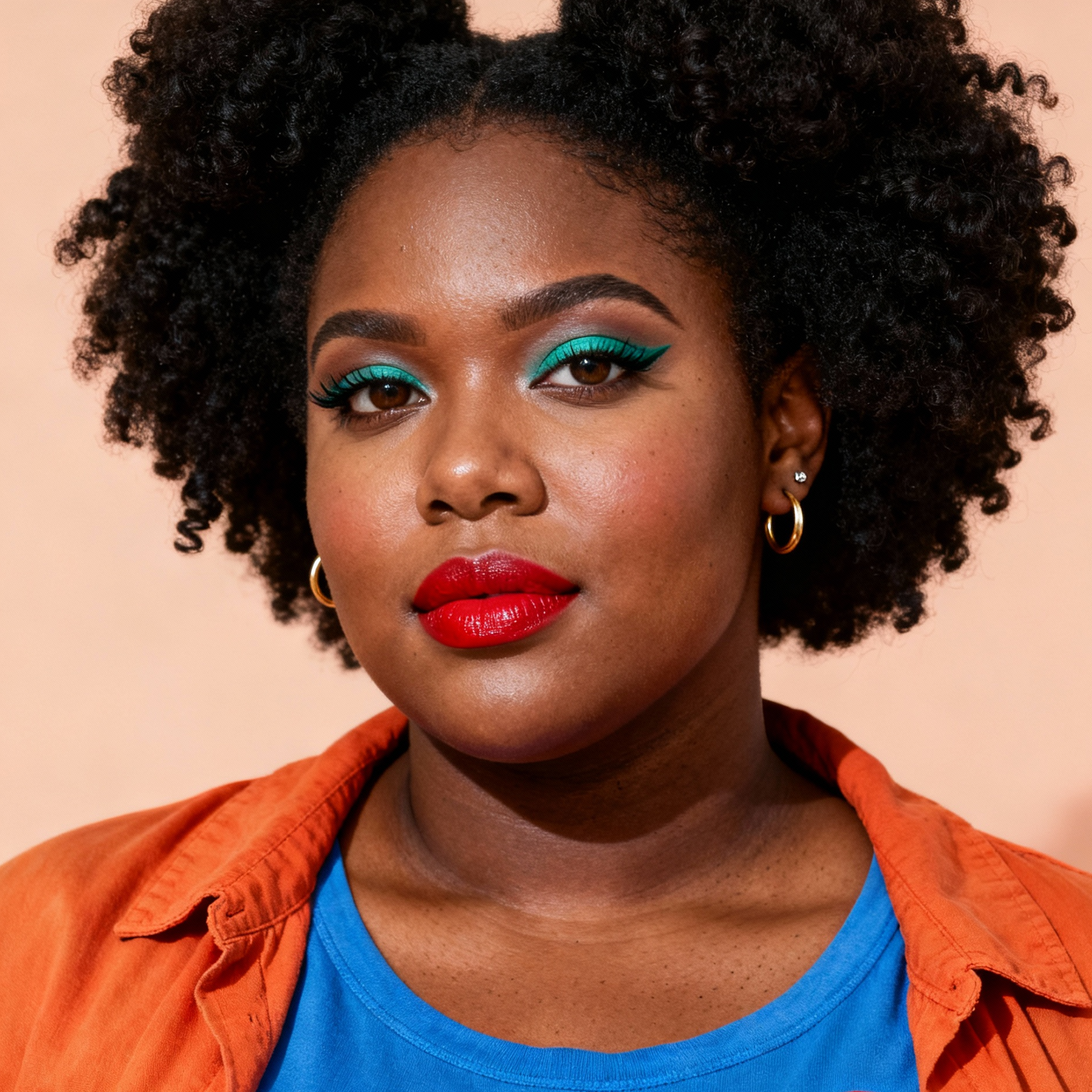 AI-generated portrait of a young woman with a full afro hairstyle and defined makeup, wearing a blue top and orange overshirt, posed with a steady expression against a warm neutral background in soft light.