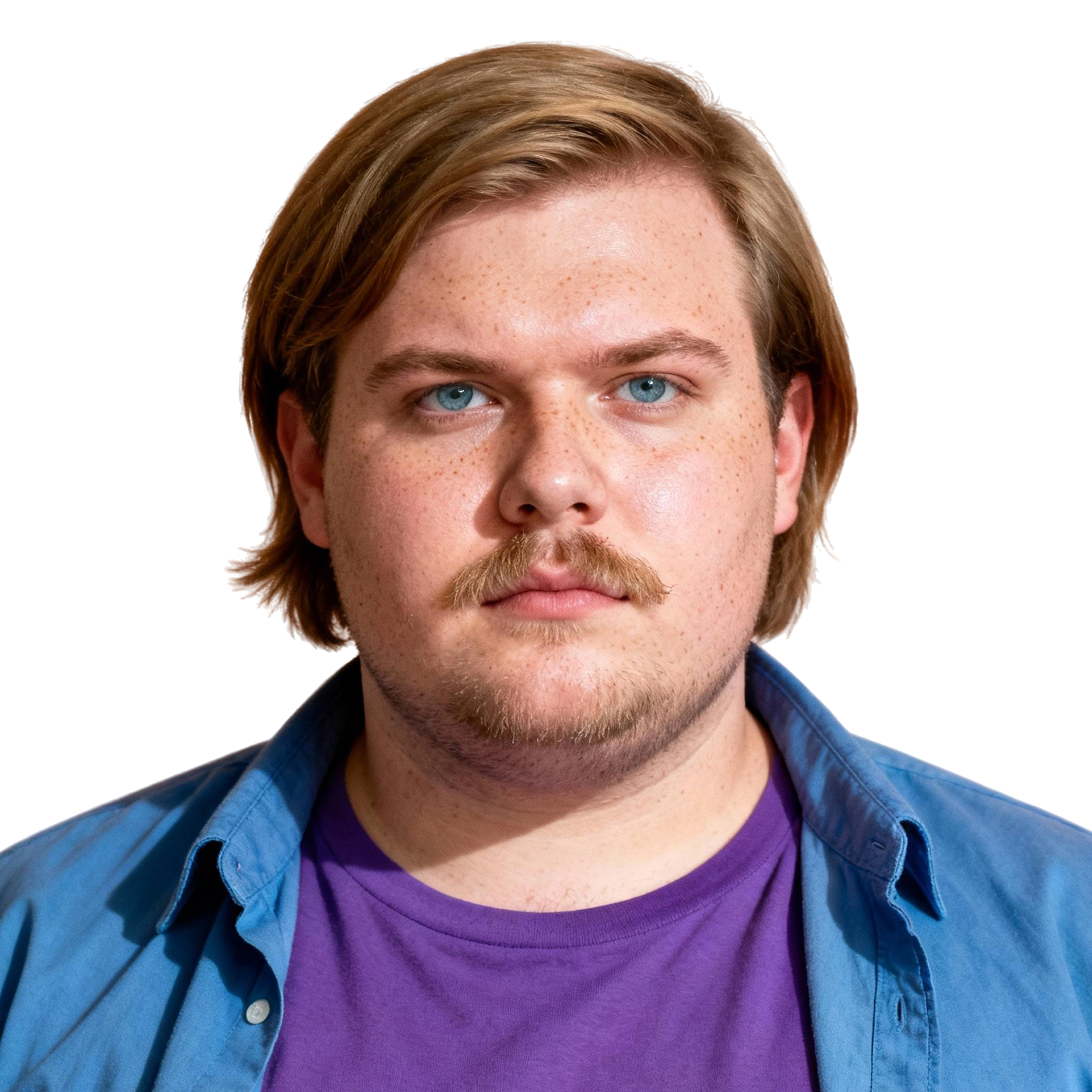 AI-generated portrait of a young man with medium-length hair and light facial hair, wearing a purple shirt and blue overshirt, posed with a neutral expression against a transparent background in soft light.