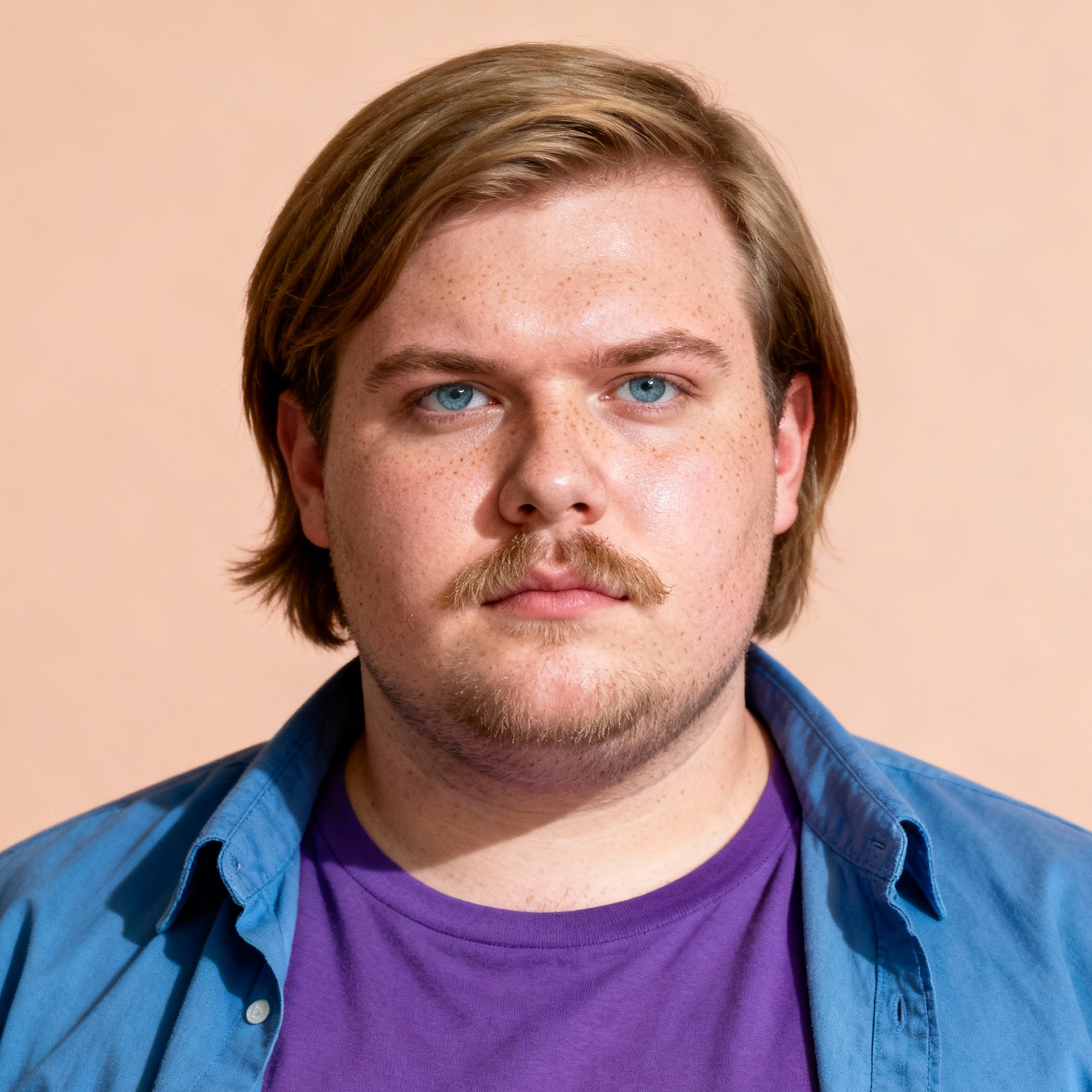 AI-generated portrait of a young man with medium-length hair and light facial hair, wearing a purple shirt and blue overshirt, posed with a neutral expression against a warm beige background in soft light.