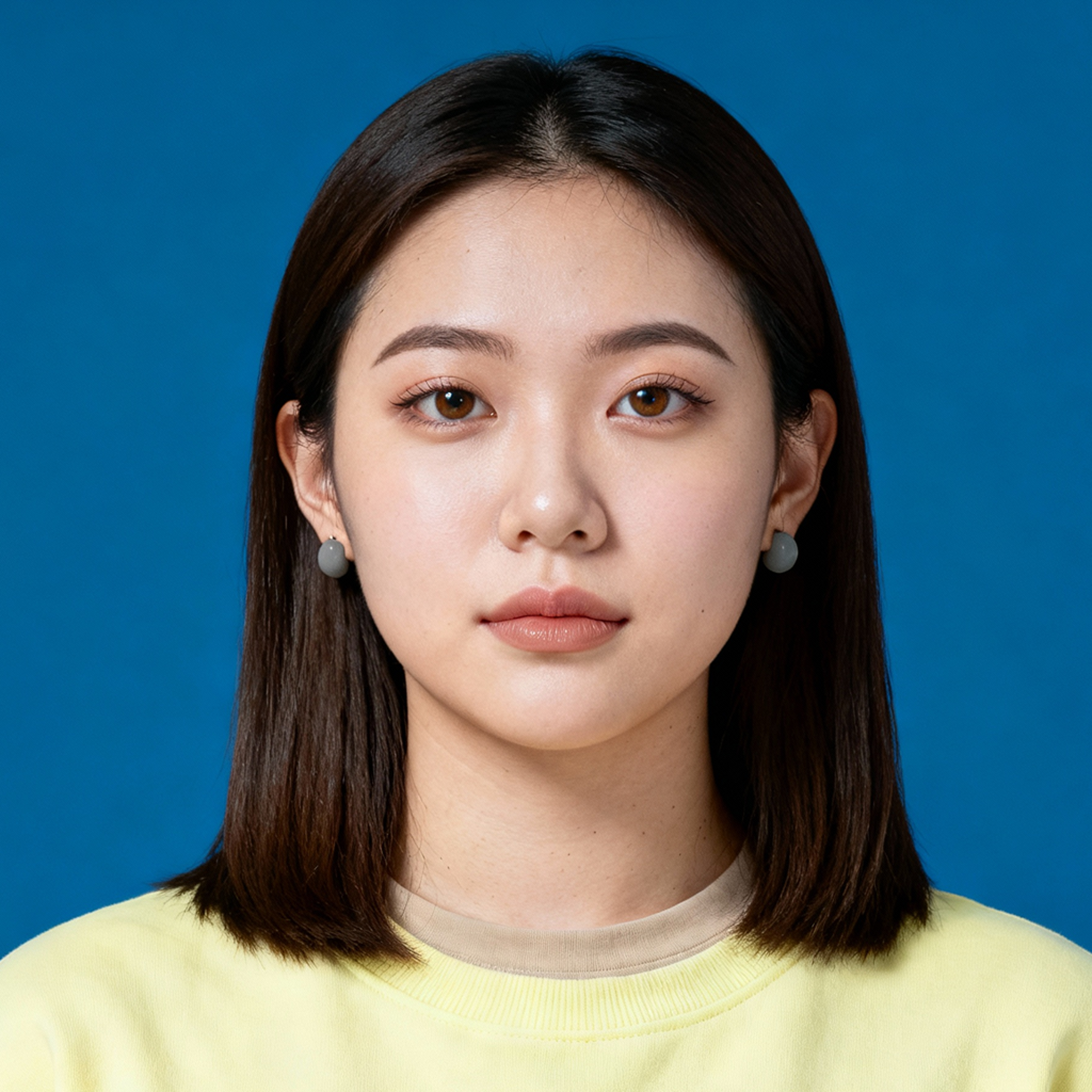 AI-generated portrait of a young woman with straight shoulder-length hair and natural features, wearing a light yellow top, posed with a neutral expression against a solid blue background in soft light.