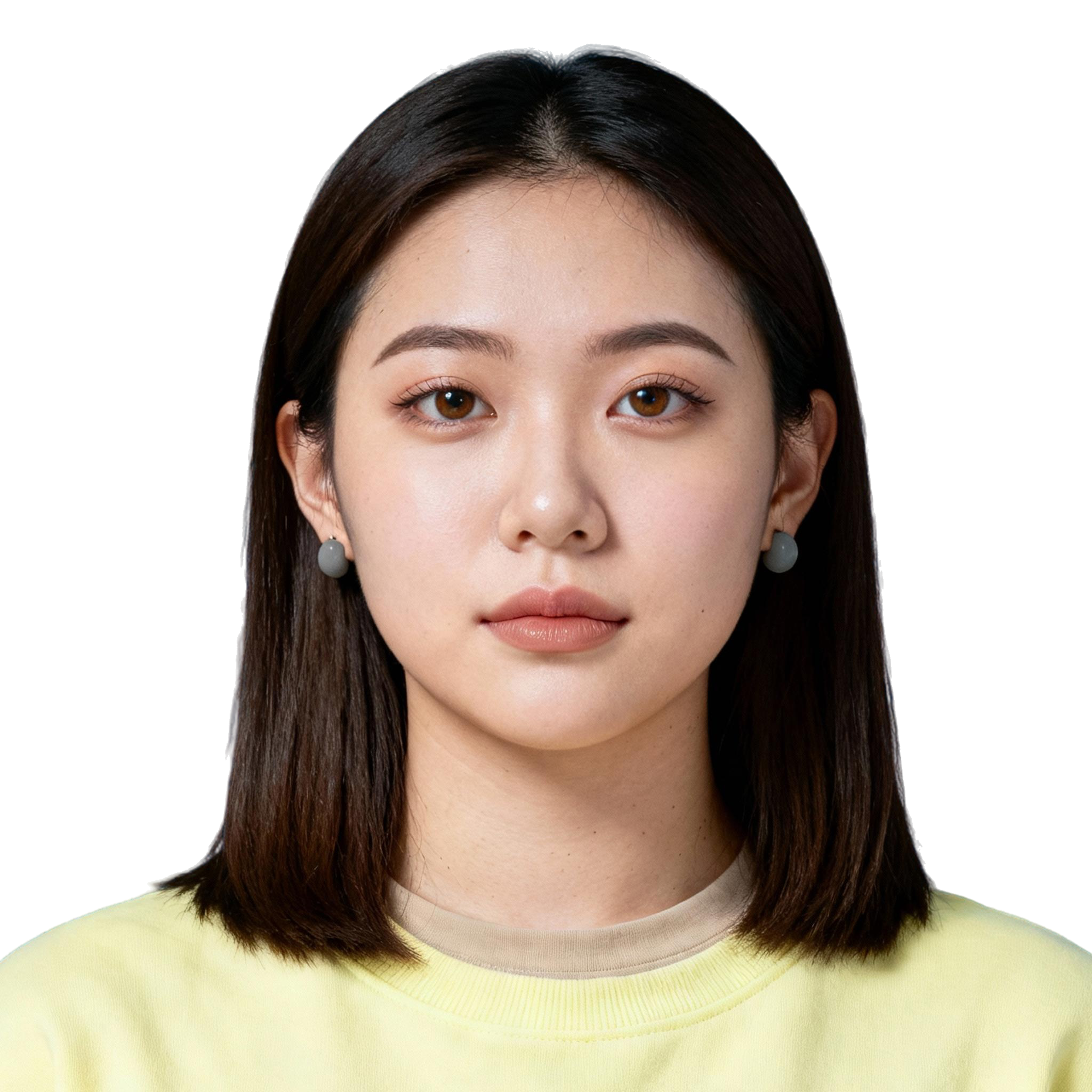 AI-generated portrait of a young woman with straight shoulder-length hair and natural features, wearing a light yellow top, posed with a neutral expression against a transparent background in soft light.