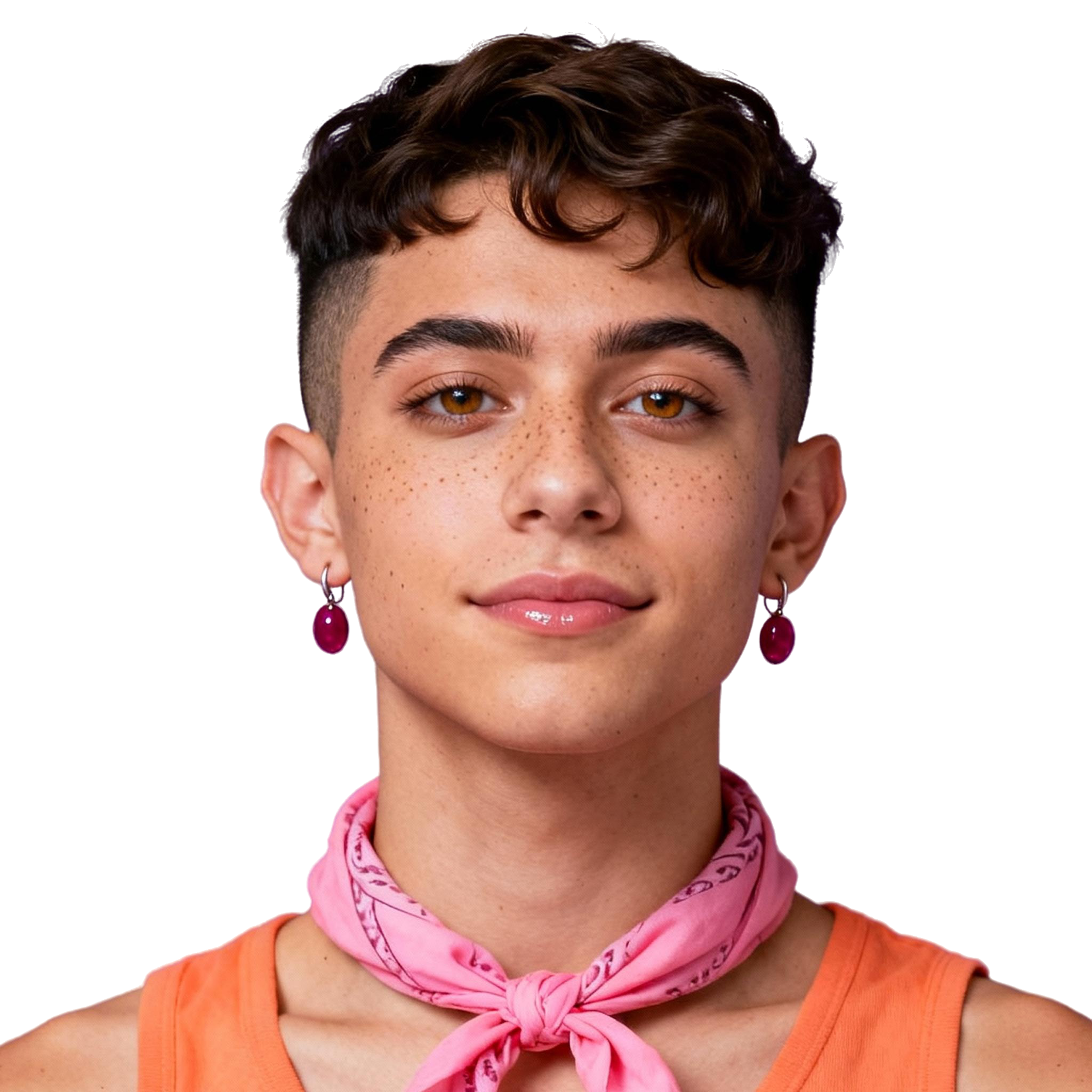 AI-generated portrait of a young person with short curly hair and freckles, wearing a sleeveless orange top and pink neck scarf, posed with a relaxed expression against a transparent background in even light.