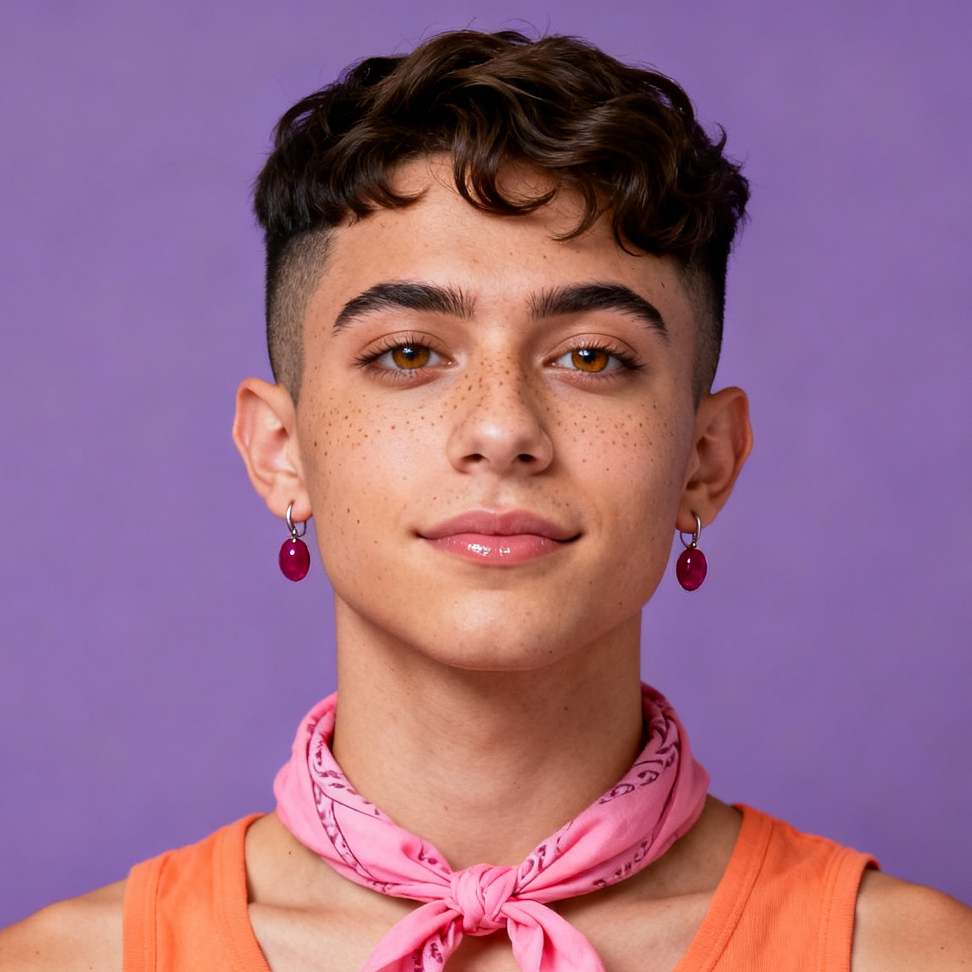 AI-generated portrait of a young person with short curly hair and freckles, wearing a sleeveless orange top and pink neck scarf, posed with a relaxed expression against a purple background in even light.