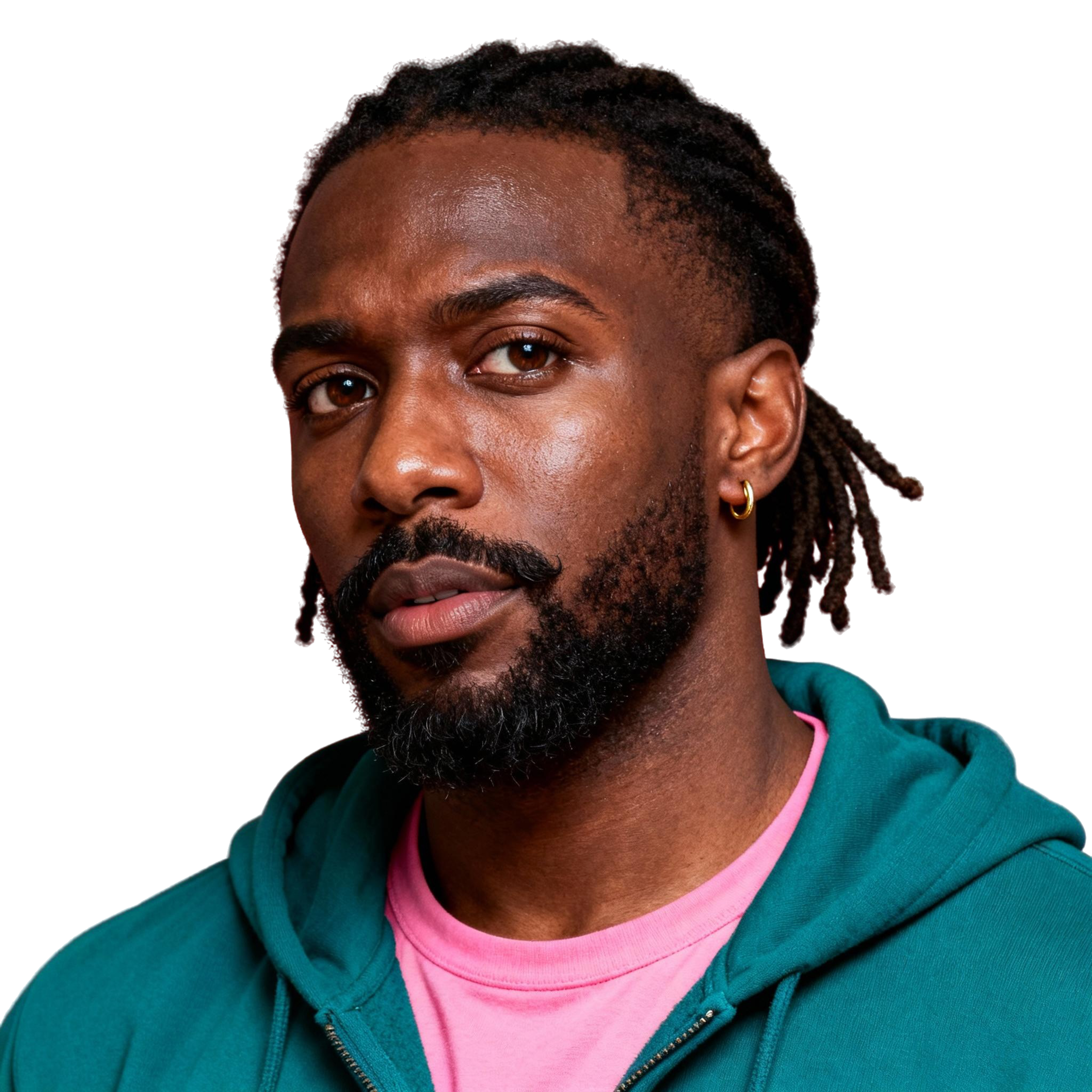 AI-generated portrait of a young man with short locs and a trimmed beard, wearing a green hoodie over a pink shirt, posed with a thoughtful expression against a transparent background in diffused light.