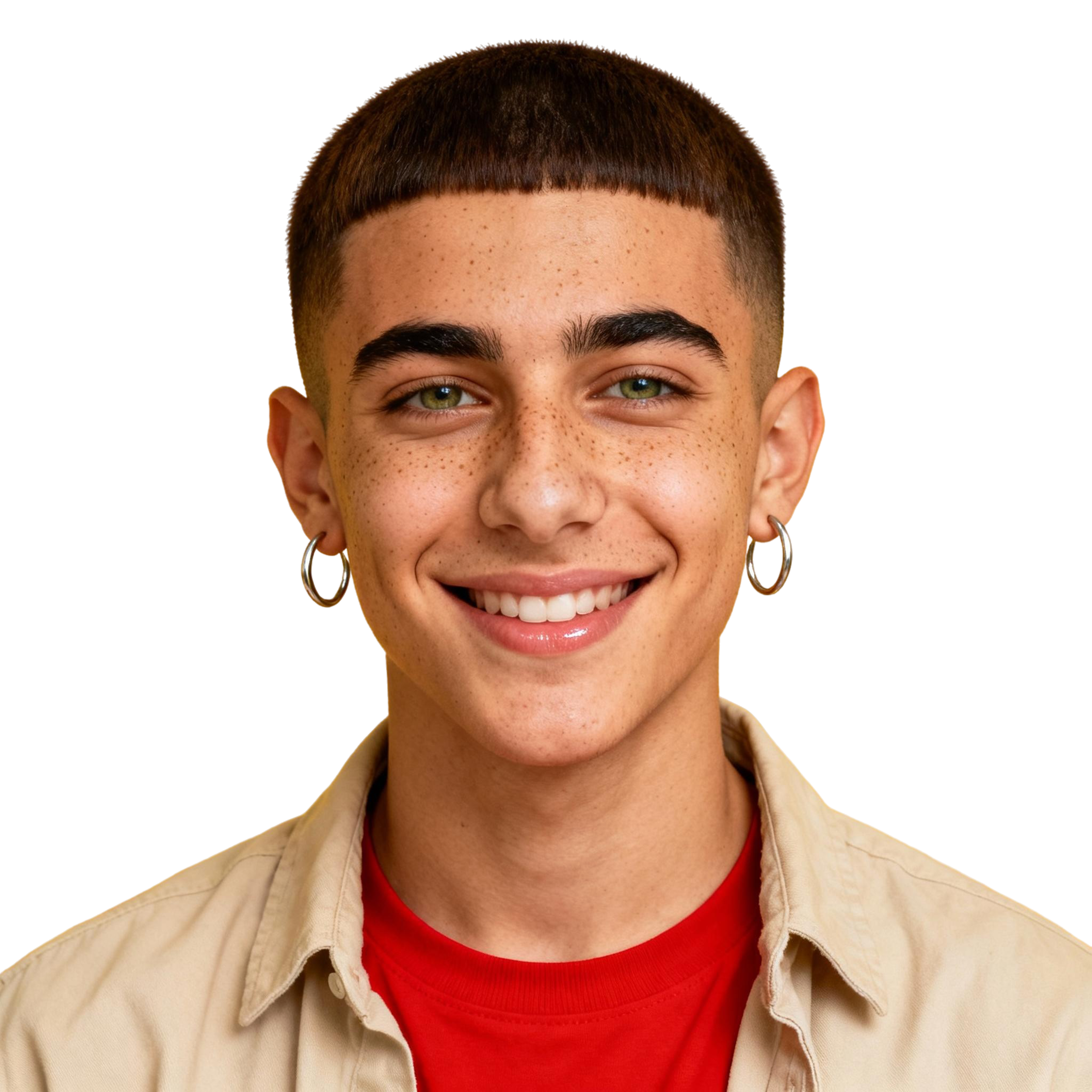 AI-generated portrait of a young person with a close-cropped haircut and freckles, wearing a tan jacket and red top, posed with a calm smile against a transparent background in natural light.