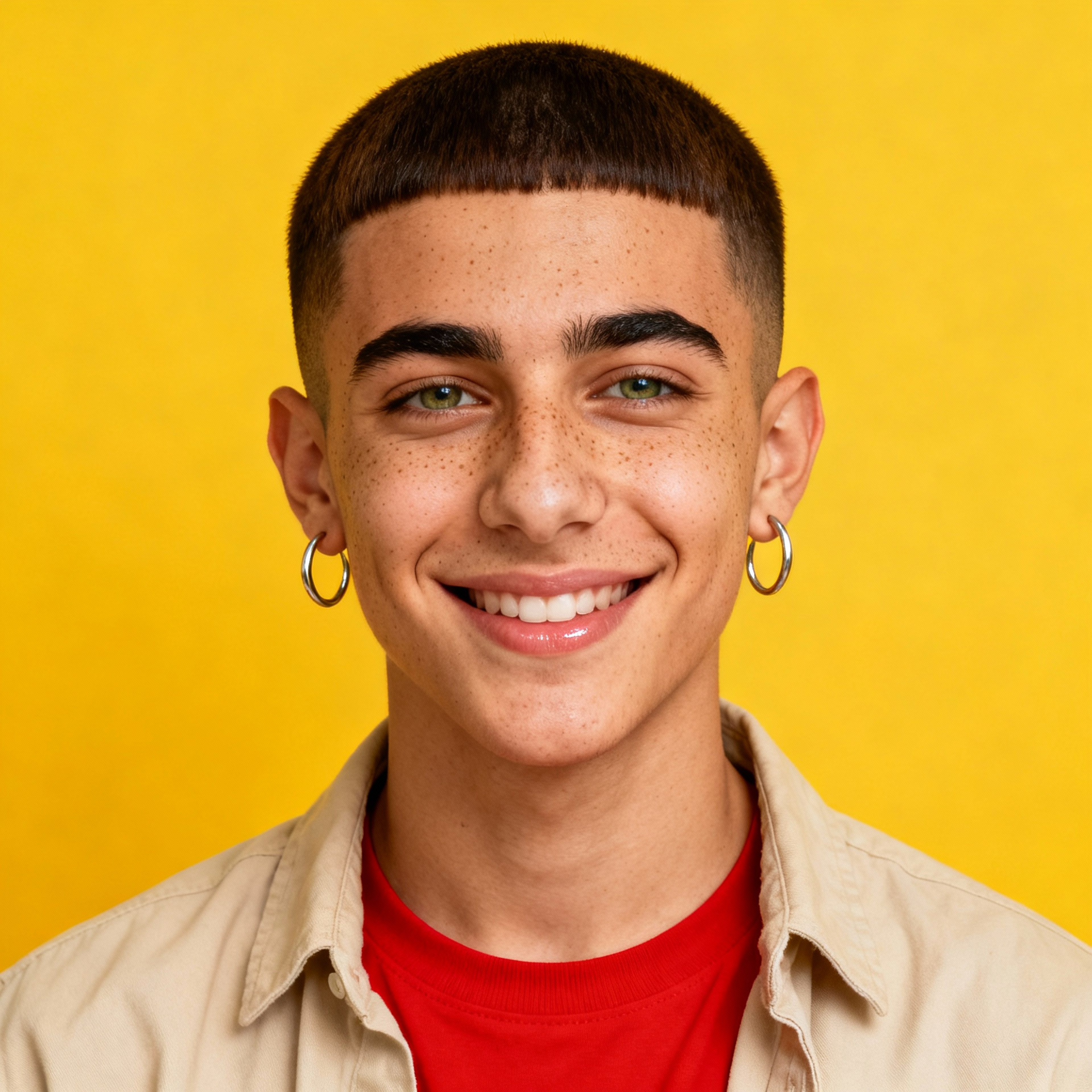 AI-generated portrait of a young person with a close-cropped haircut and freckles, wearing a tan jacket and red top, posed with a calm smile against a yellow background in natural light.