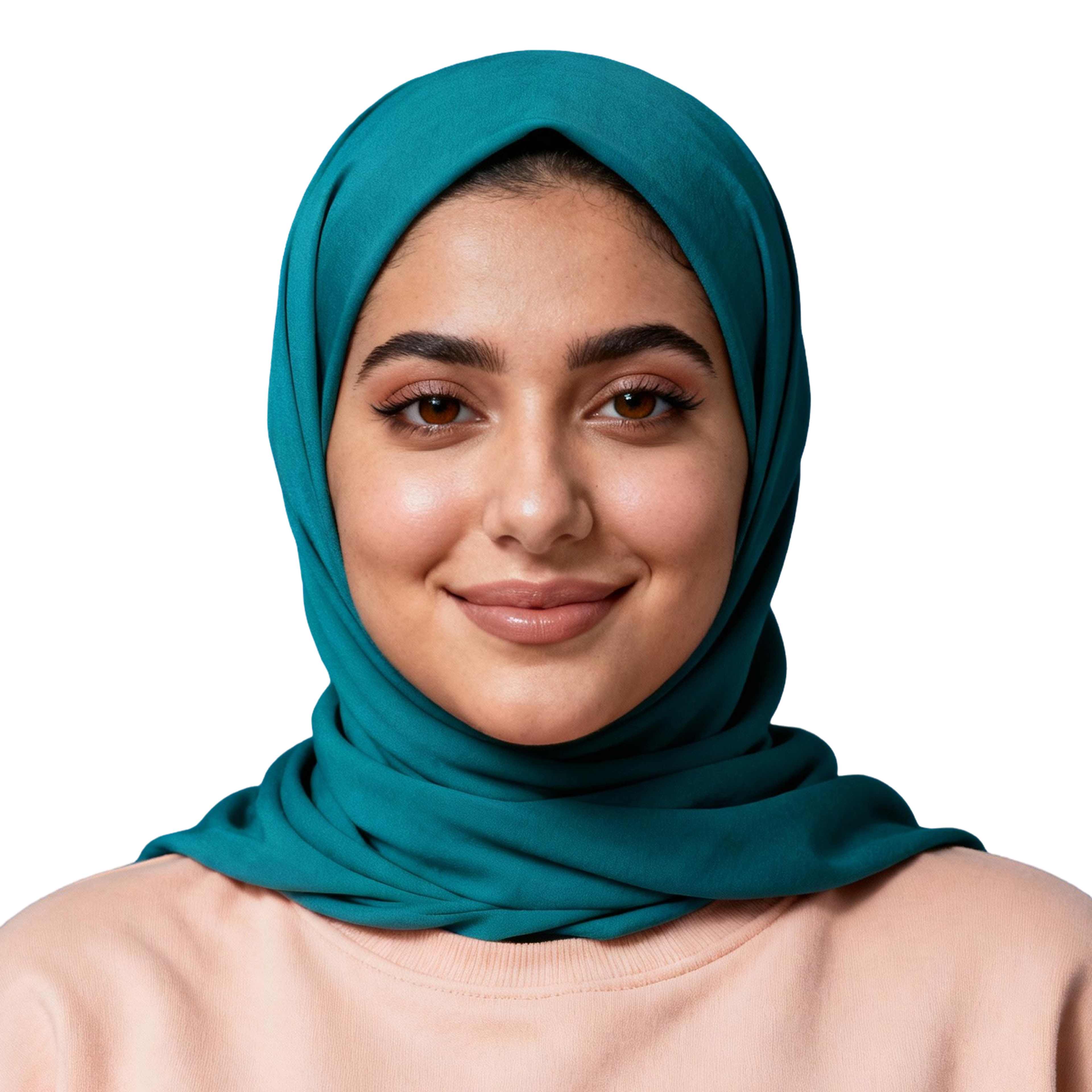 AI-generated portrait of a young woman with defined brows and subtle makeup, wearing a teal headscarf and light sweatshirt, posed with a gentle smile against a transparent background in even light.