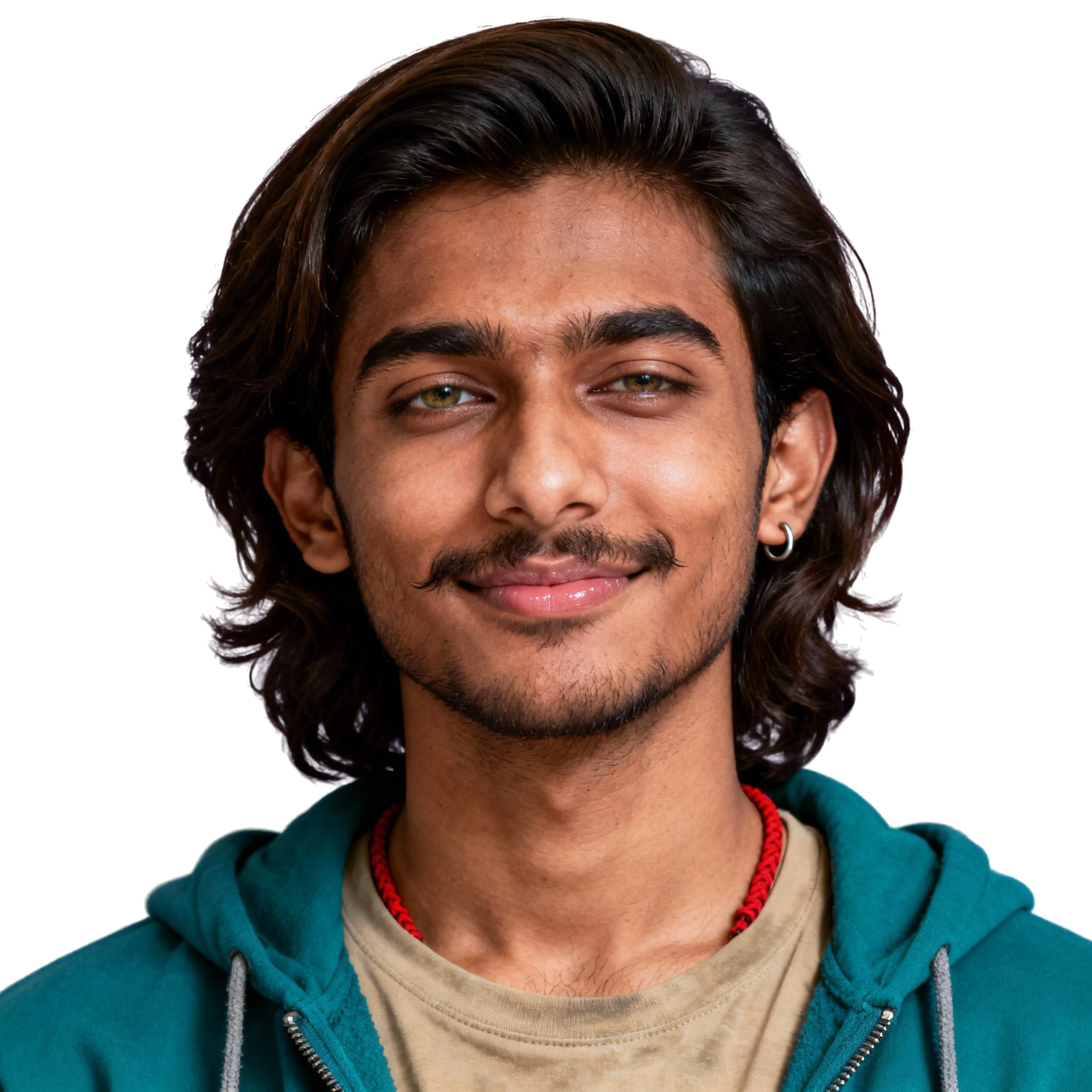 AI-generated portrait of a young man with medium-length hair and light facial hair, wearing a green hoodie and tan shirt, posed with a slight smile against a transparent background in diffused light.