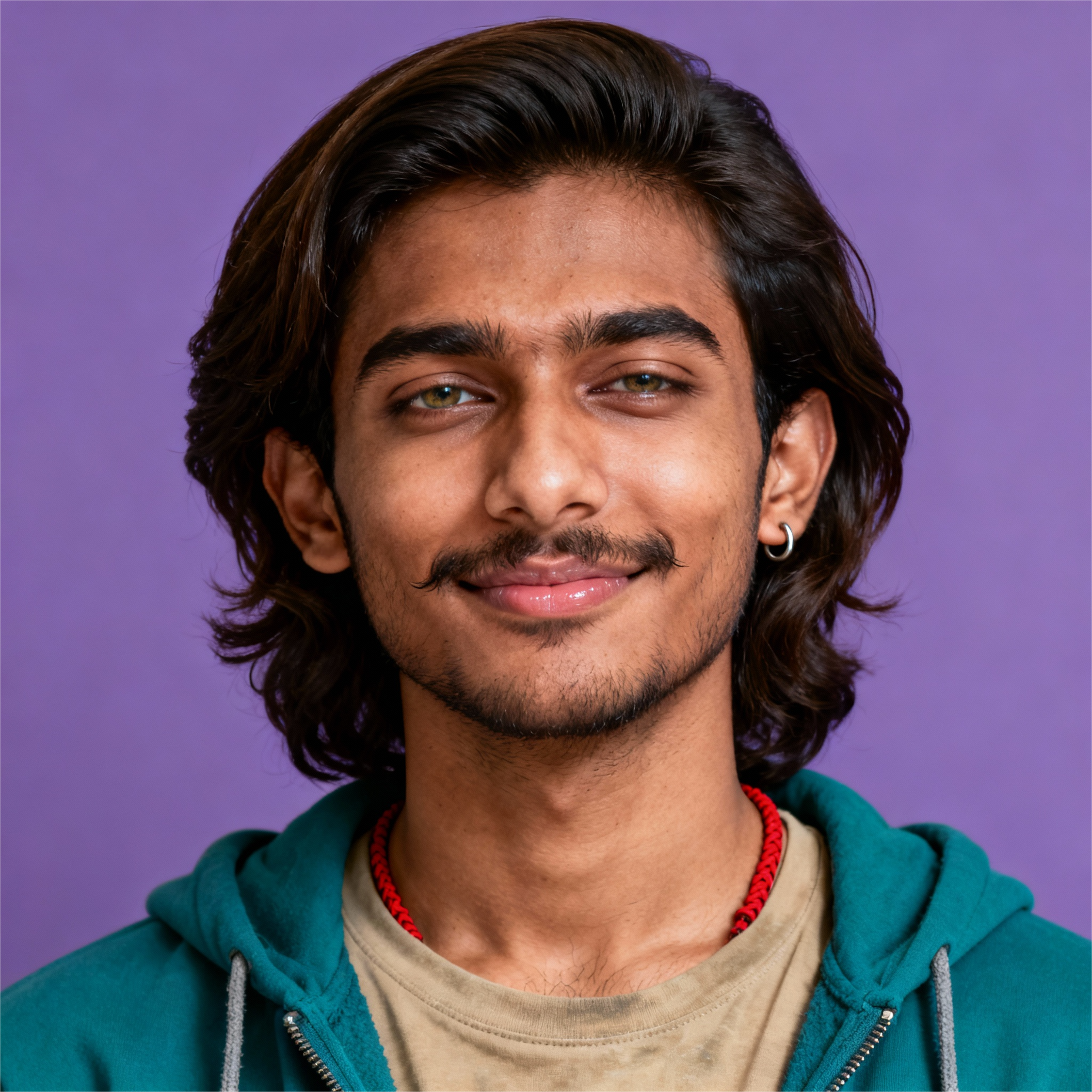 AI-generated portrait of a young man with medium-length hair and light facial hair, wearing a green hoodie and tan shirt, posed with a slight smile against a purple background in diffused light.