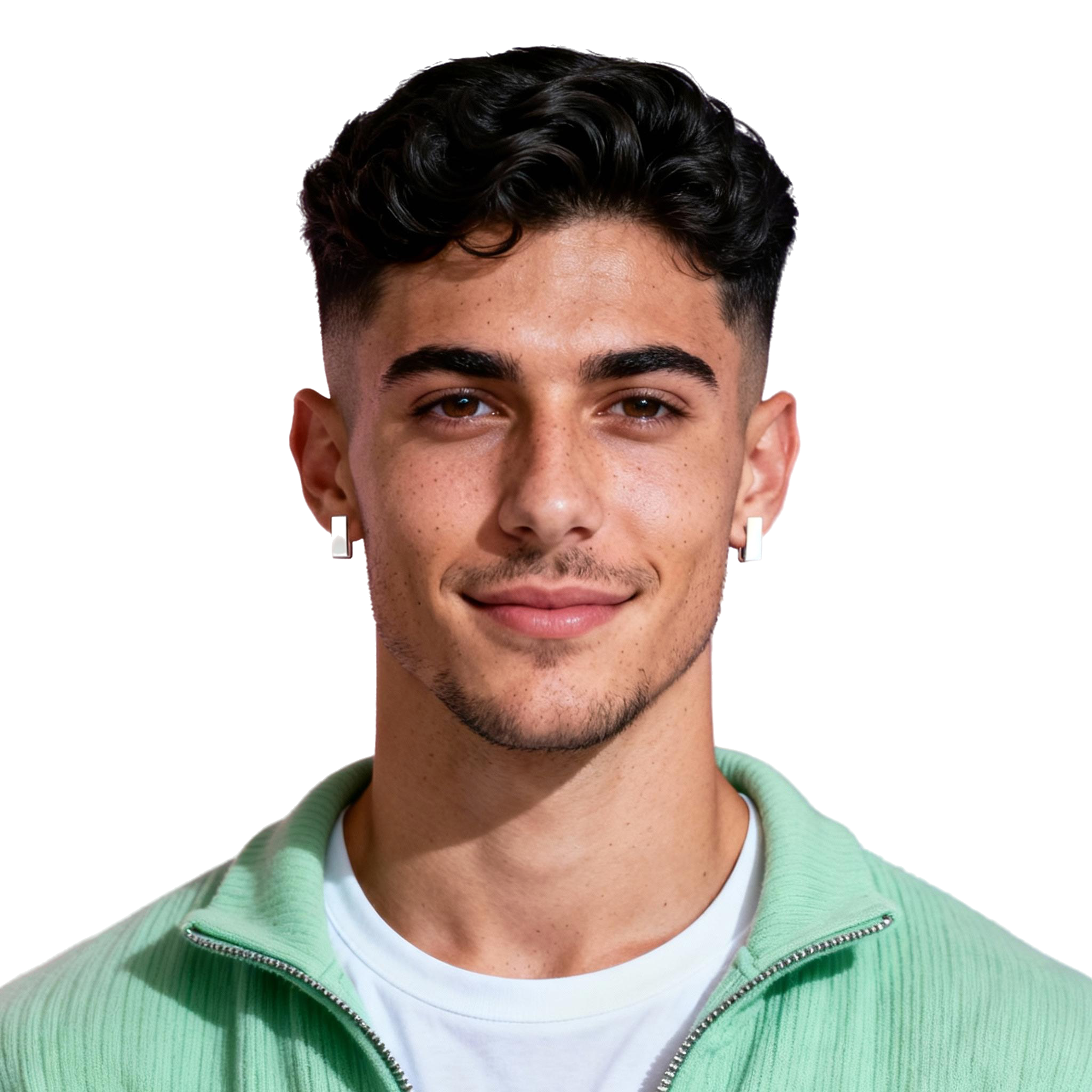 AI-generated portrait of a young man with short dark hair and light facial hair, wearing a green zip jacket and white shirt, posed with a relaxed expression against a transparent background in cool diffused light.