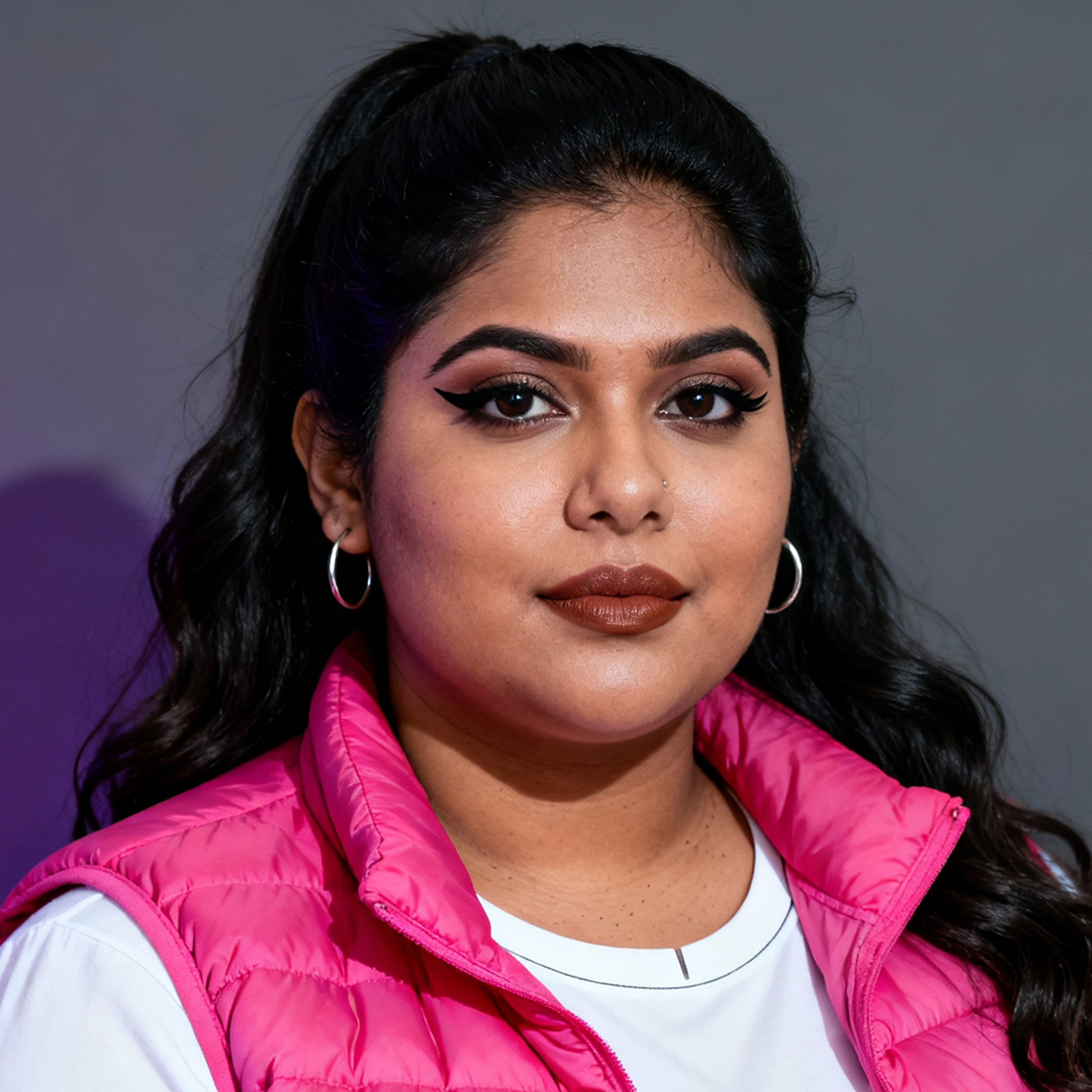 AI-generated portrait of a young woman with long dark hair and defined eye makeup, wearing a white shirt and pink vest, posed with a composed expression against a gray background in cool light.