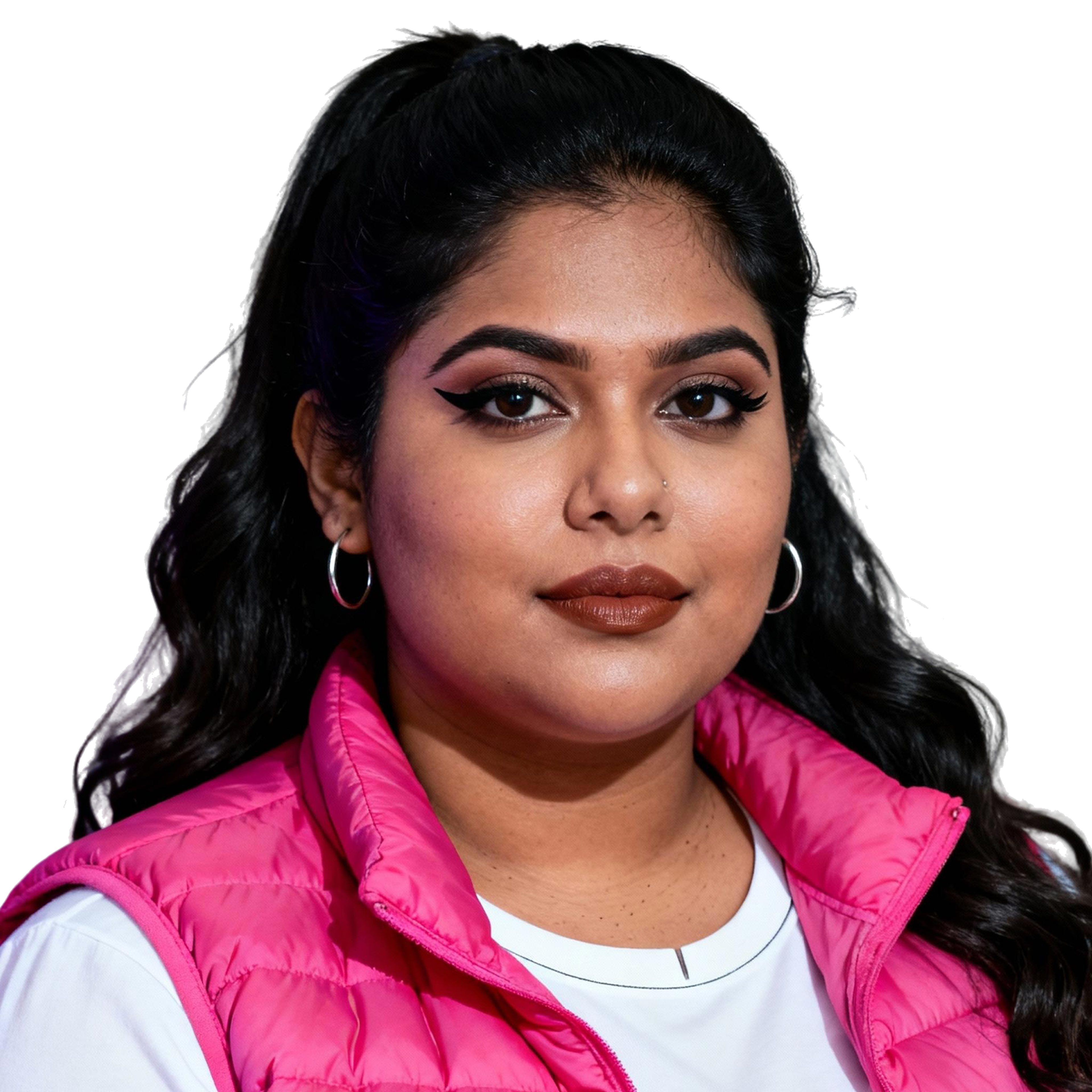 AI-generated portrait of a young woman with long dark hair and defined eye makeup, wearing a white shirt and pink vest, posed with a composed expression against a transparent background in cool light.