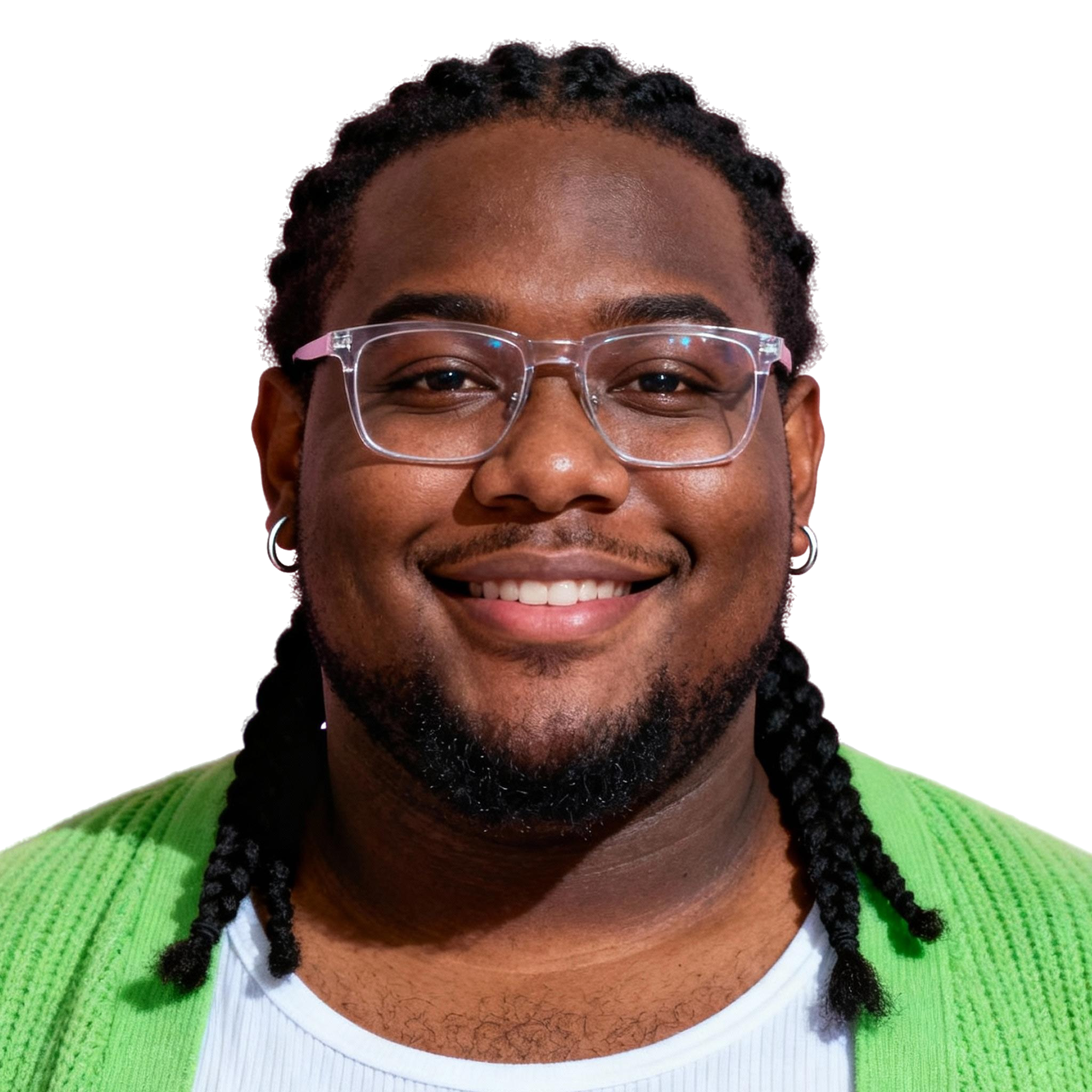AI-generated portrait of a young man with braided hair and glasses, wearing a green cardigan and white shirt, posed with a gentle smile against a transparent background in soft cool light.