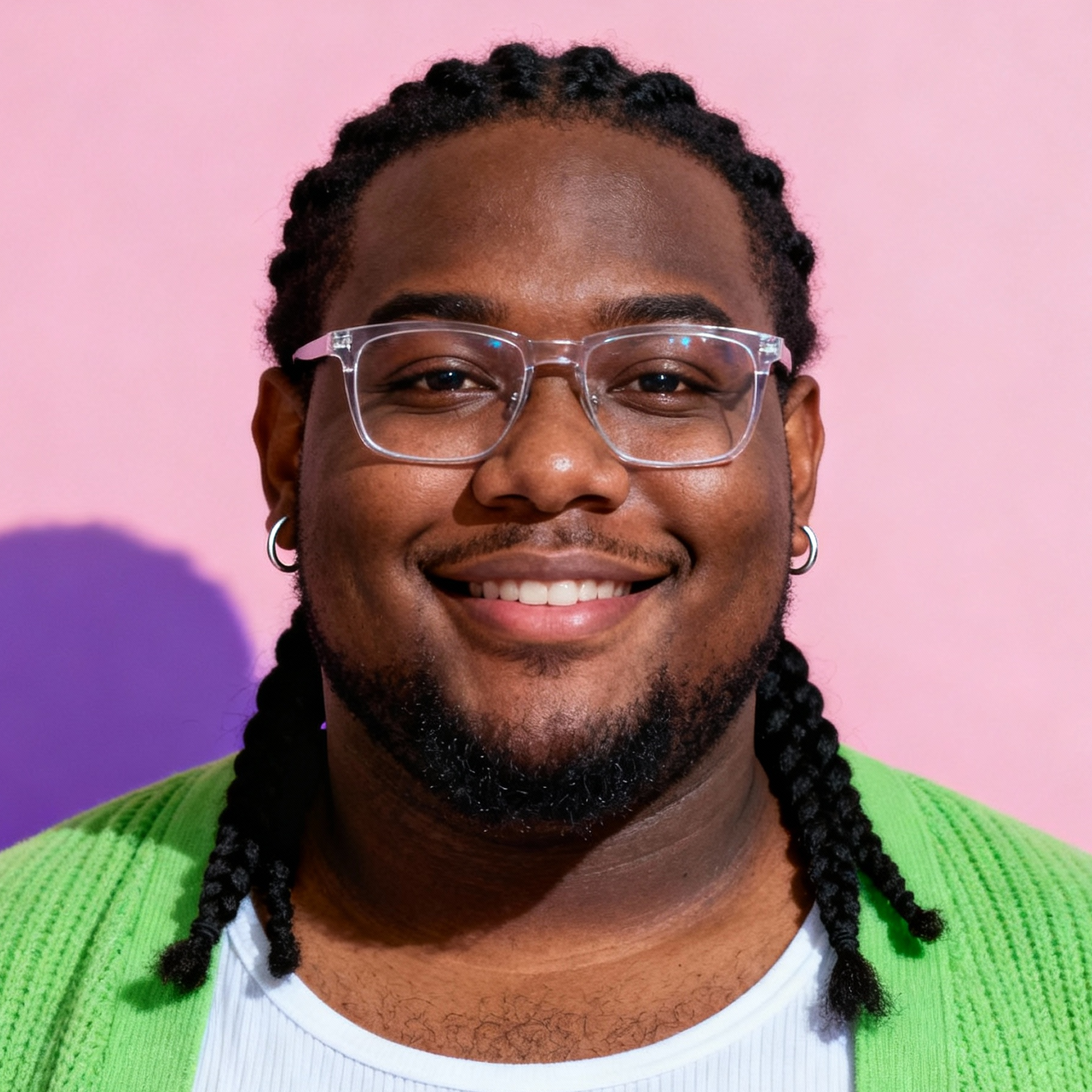 AI-generated portrait of a young man with braided hair and glasses, wearing a green cardigan and white shirt, posed with a gentle smile against a pink background in soft cool light.