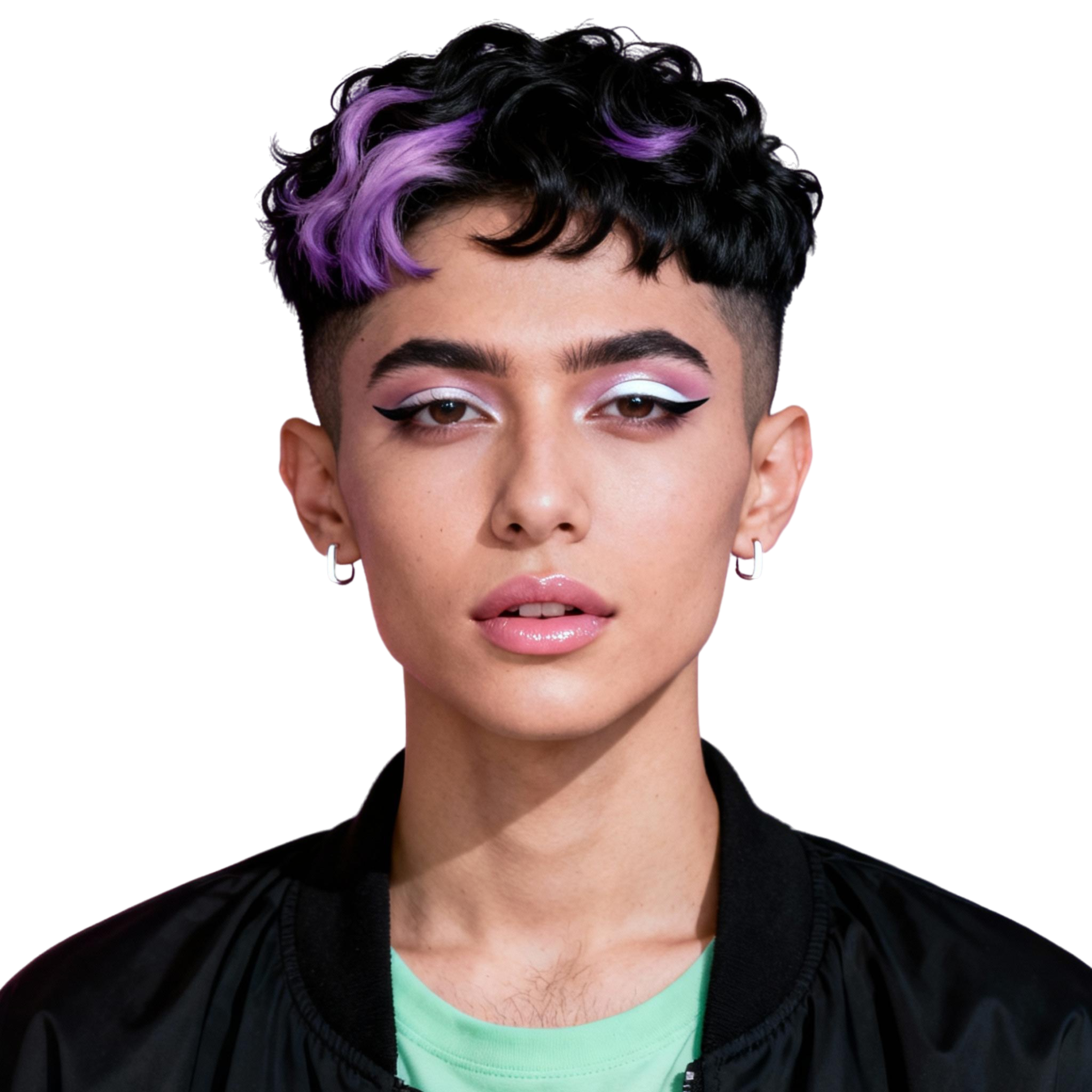 AI-generated portrait of a young person with short dark hair and a purple streak, wearing a black jacket and green top, posed with a neutral expression against a transparent background in cool light.