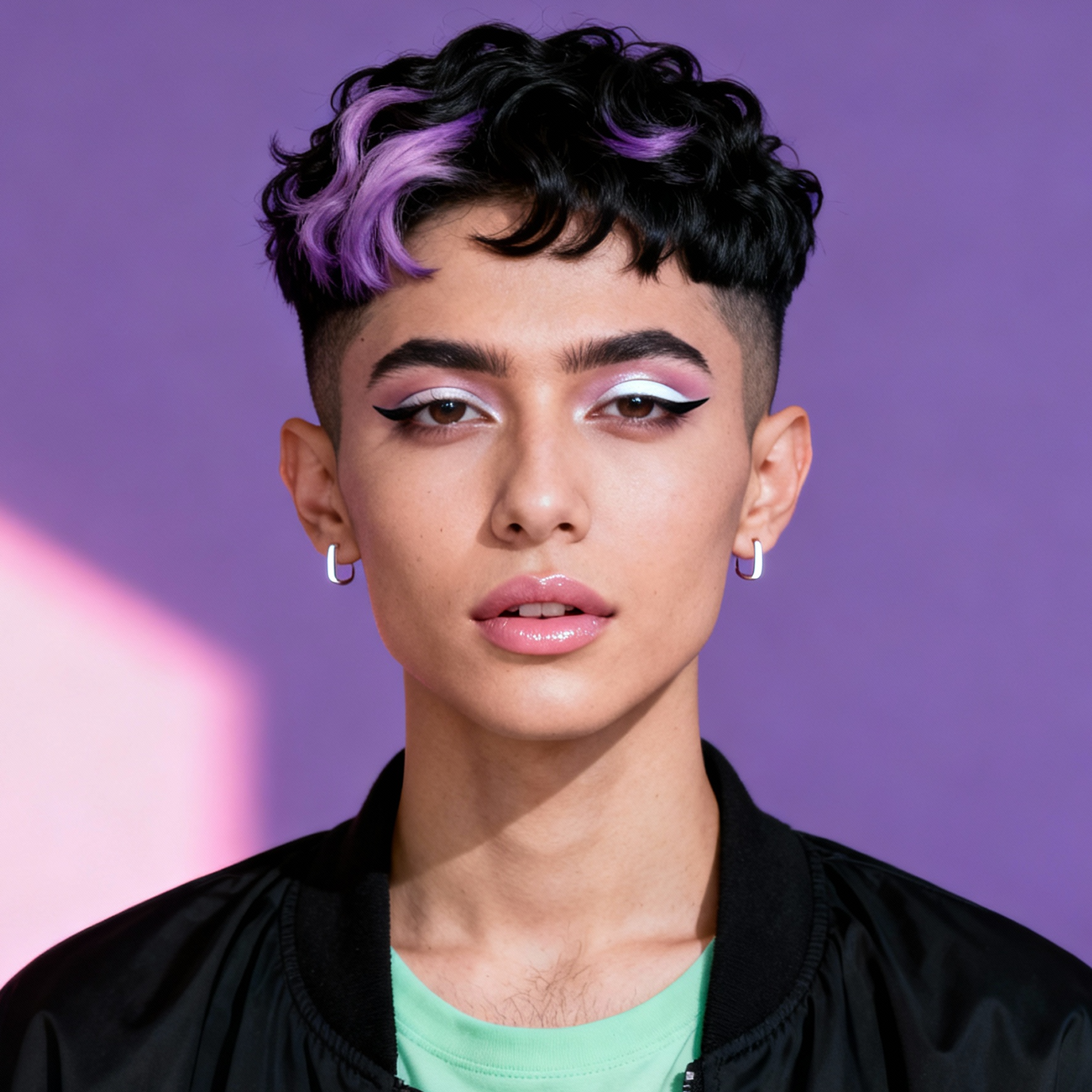 AI-generated portrait of a young person with short dark hair and a purple streak, wearing a black jacket and green top, posed with a neutral expression against a purple background in cool light.