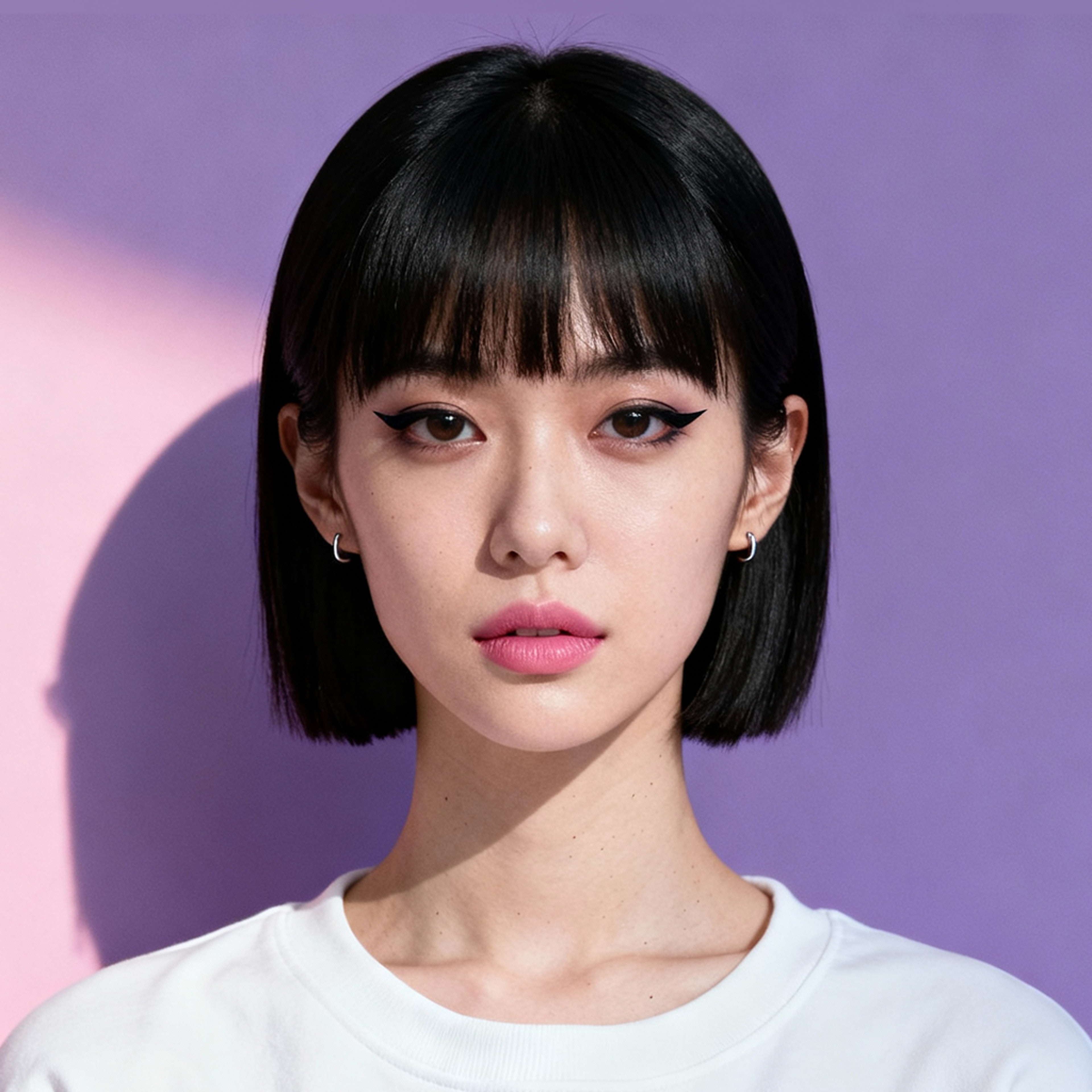 AI-generated portrait of a young woman with a short black bob haircut and bangs, wearing a white top, posed with a neutral expression against a purple background in cool diffused light.