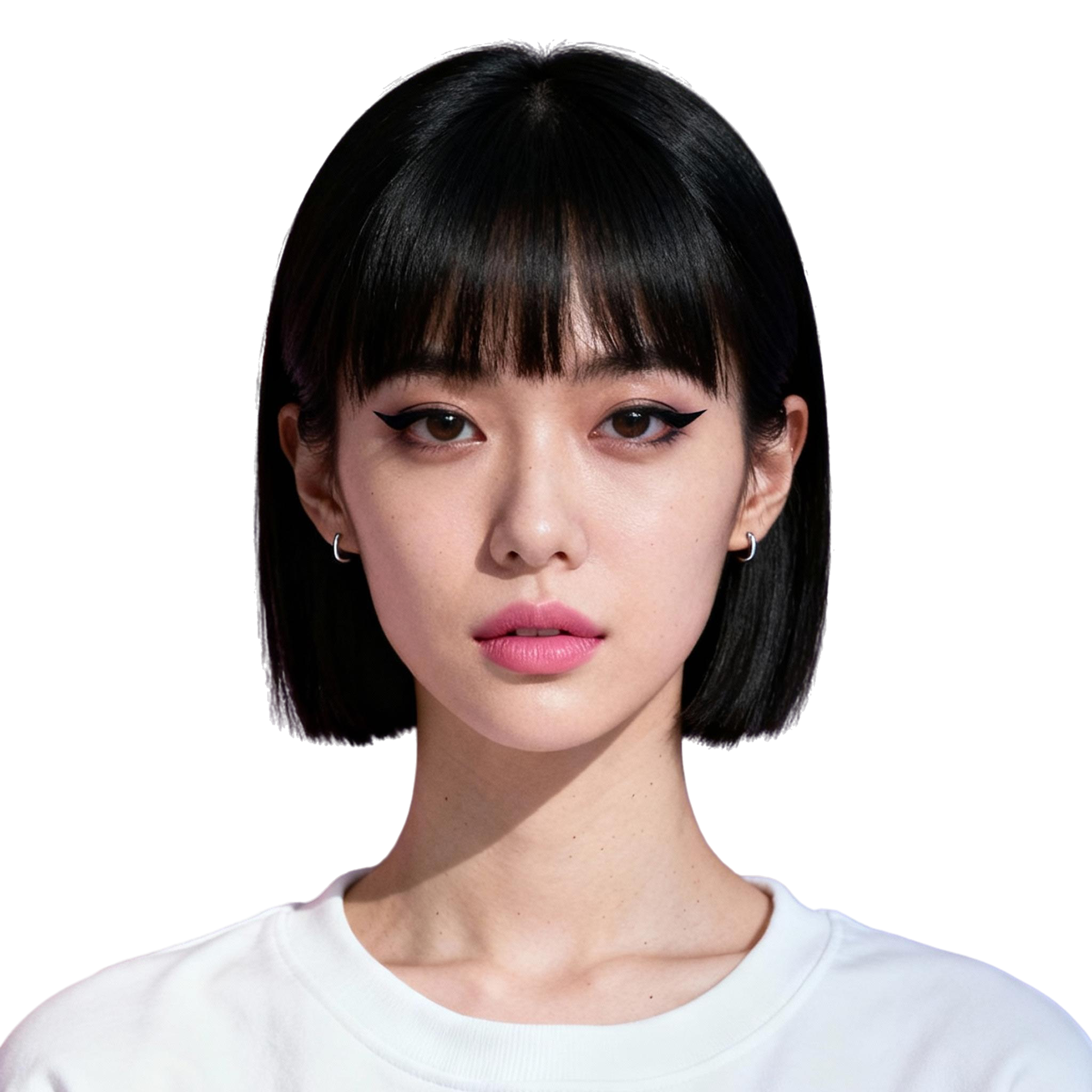 AI-generated portrait of a young woman with a short black bob haircut and bangs, wearing a white top, posed with a neutral expression against a transparent background in cool diffused light.