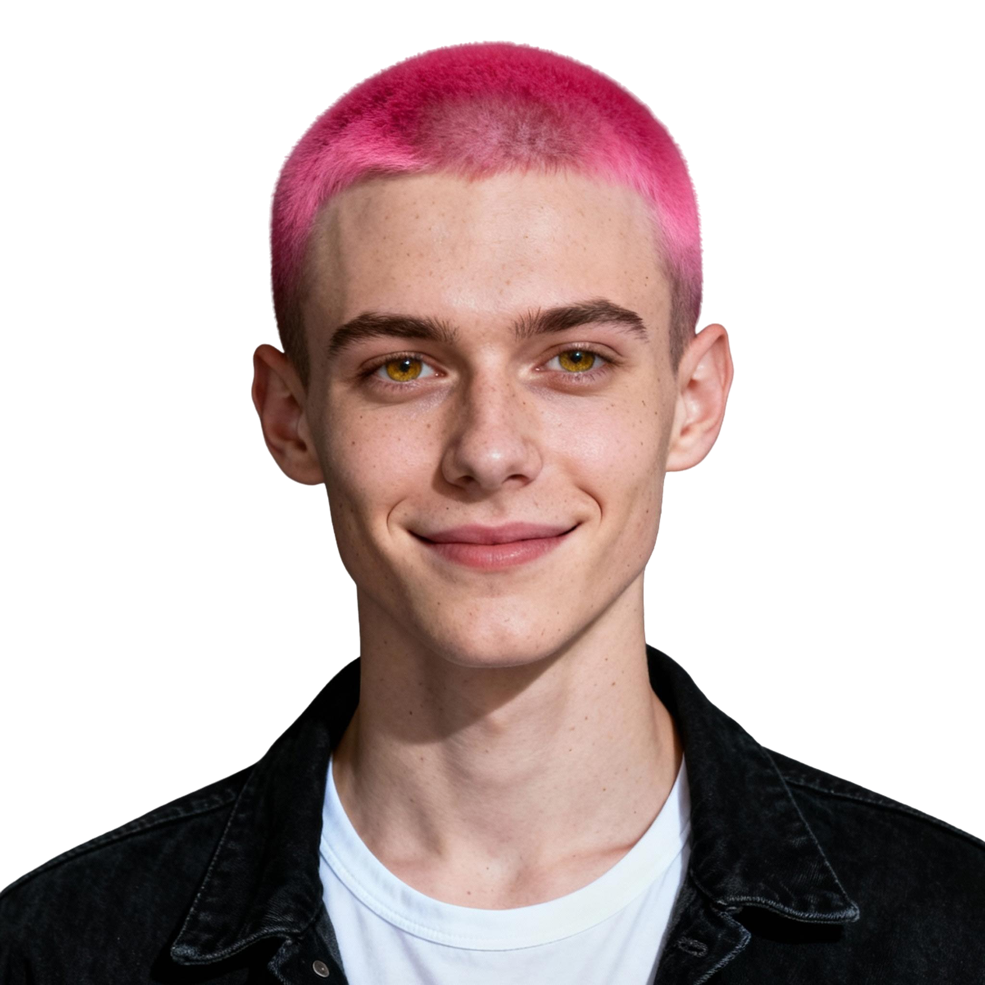AI-generated portrait of a young person with a pink buzz cut and freckles, wearing a white shirt and dark jacket, posed with a slight smile against a transparent background in cool light.