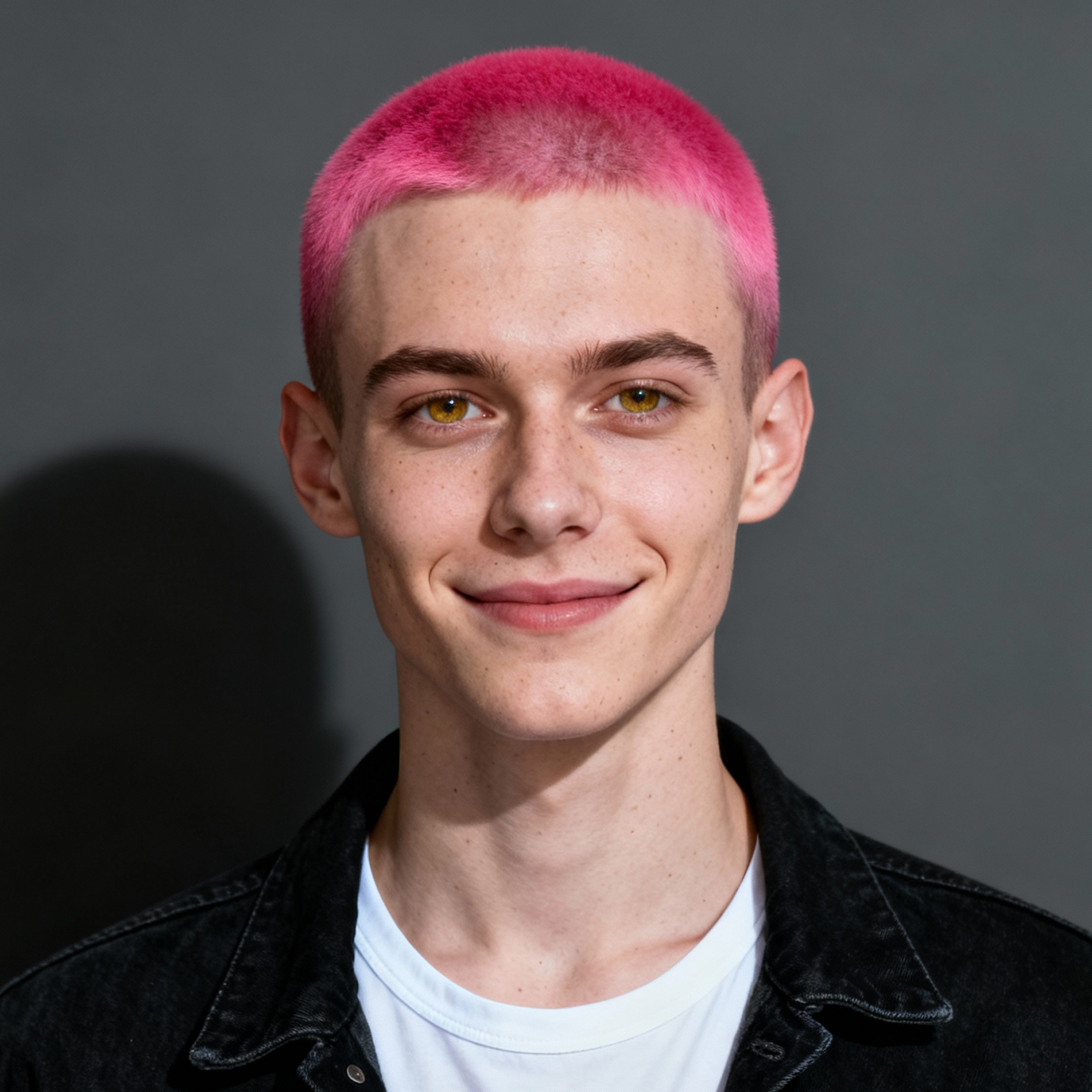 AI-generated portrait of a young person with a pink buzz cut and freckles, wearing a white shirt and dark jacket, posed with a slight smile against a gray background in cool light.