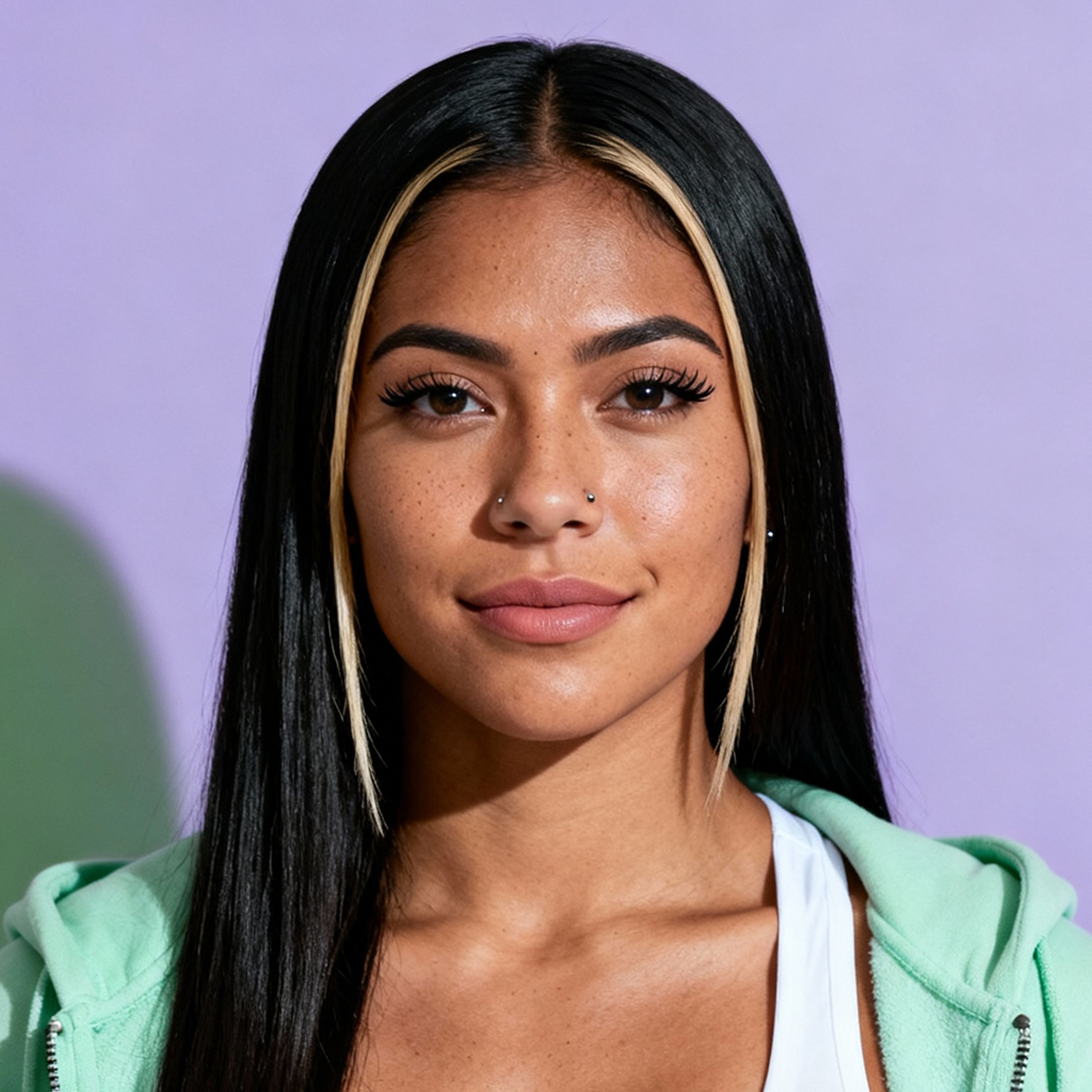 AI-generated portrait of a young woman with long straight hair and a light streak, wearing a green hoodie and white top, posed with a calm expression against a lavender background in cool light.