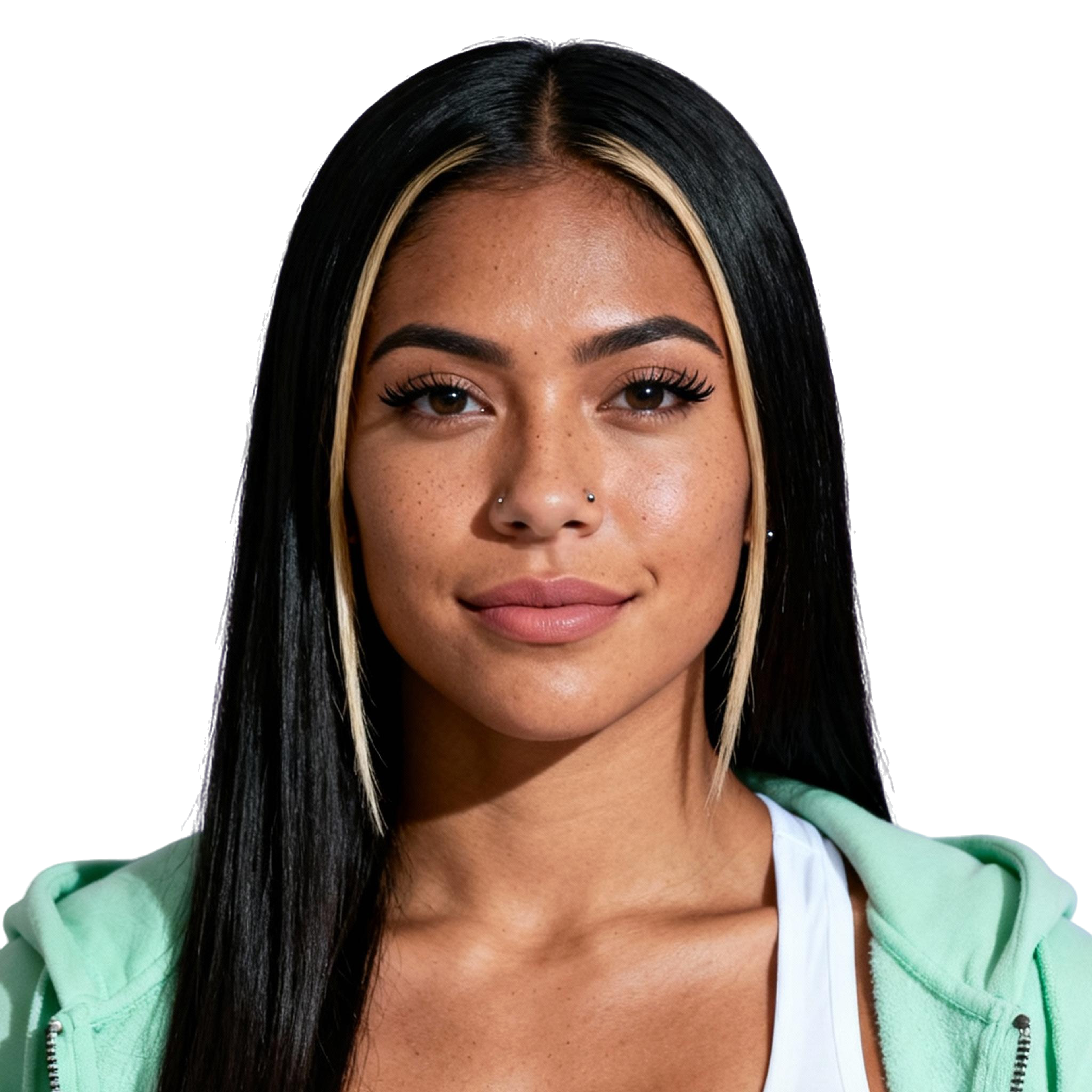 AI-generated portrait of a young woman with long straight hair and a light streak, wearing a green hoodie and white top, posed with a calm expression against a transparent background in cool light.