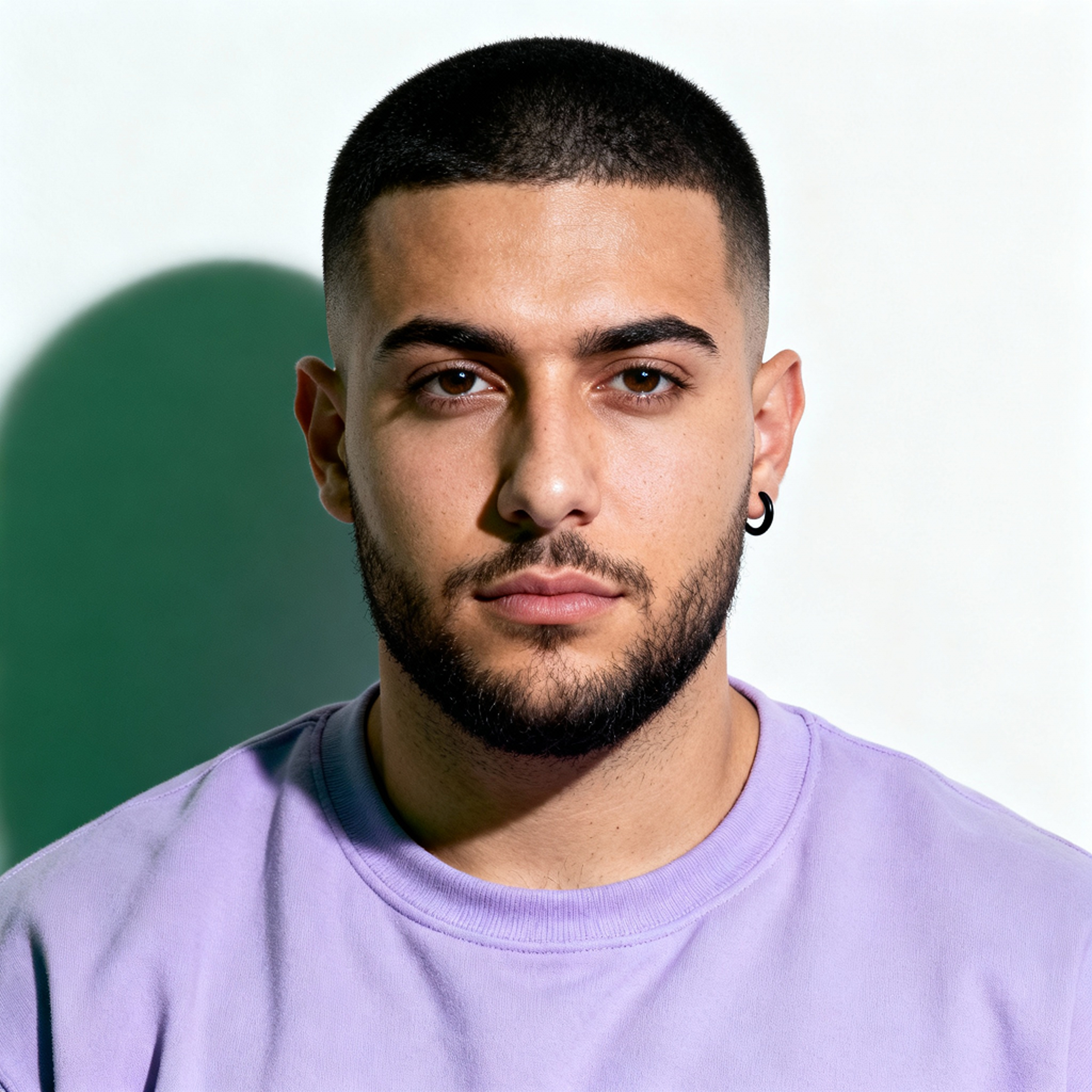 AI-generated portrait of a young man with a close-cropped haircut and trimmed beard, wearing a lavender sweatshirt, posed with a neutral expression against a light background with cool directional lighting.