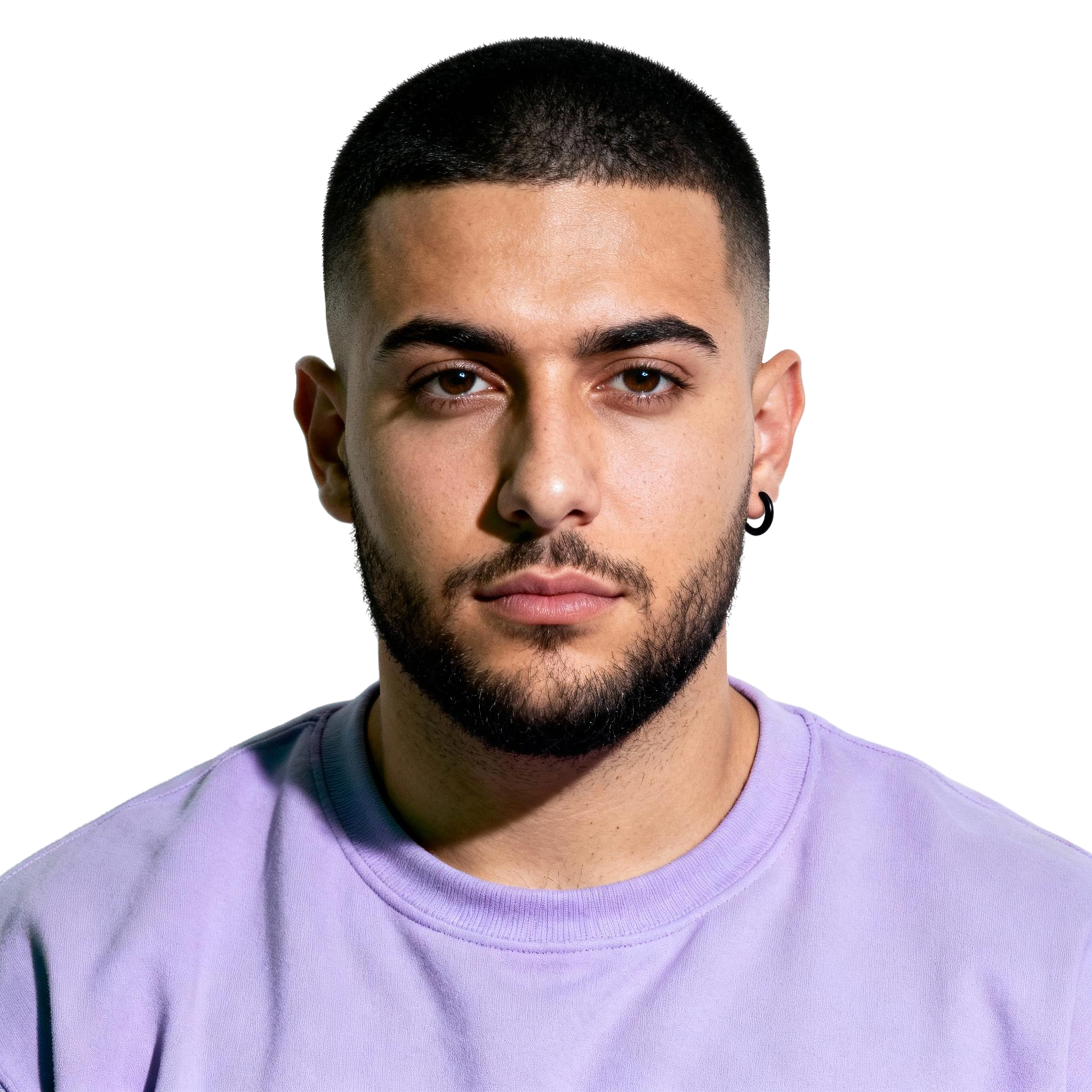 AI-generated portrait of a young man with a close-cropped haircut and trimmed beard, wearing a lavender sweatshirt, posed with a neutral expression against a transparent background in cool directional lighting.