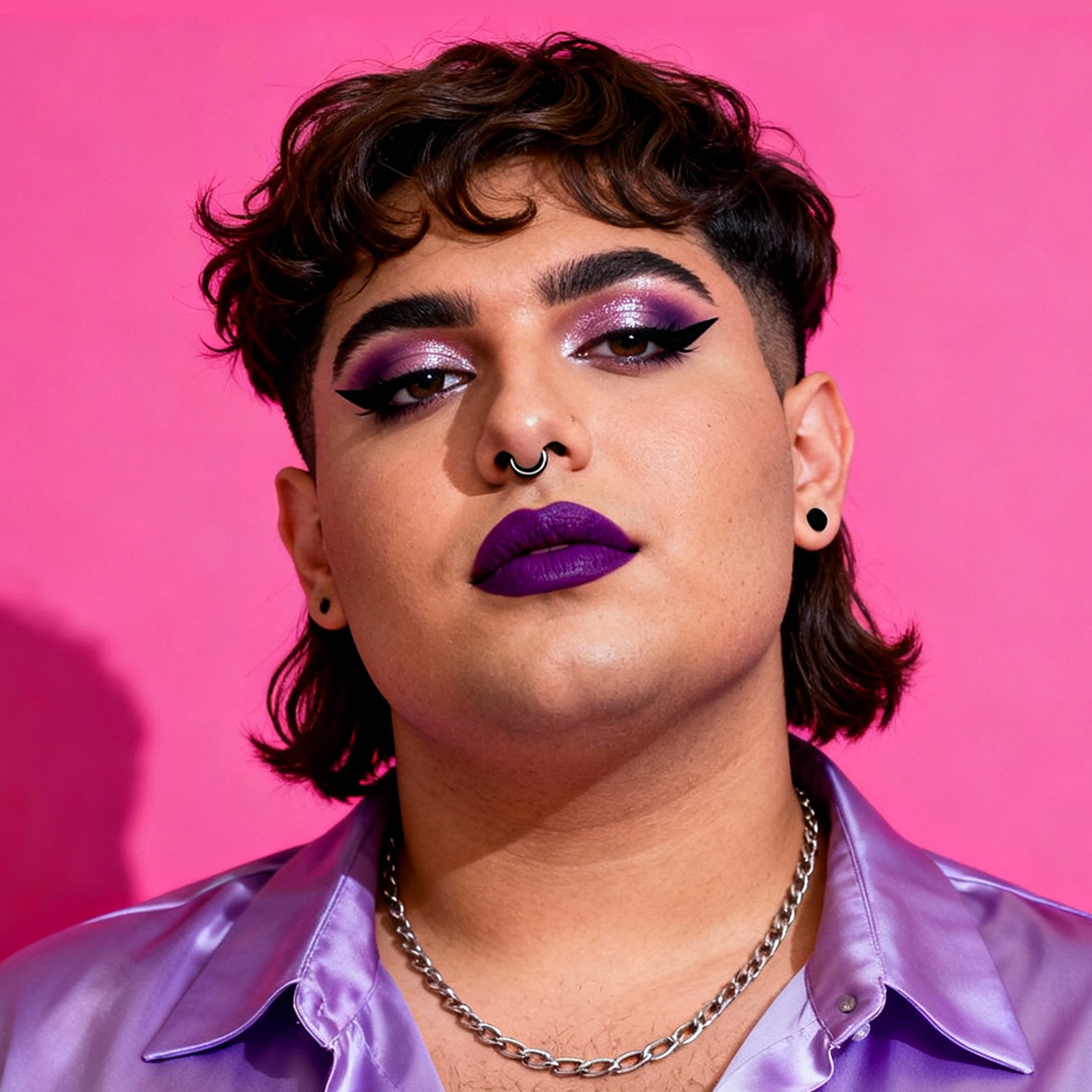AI-generated portrait of a young person with short textured hair and dramatic eye makeup, wearing a satin purple shirt and chain necklace, posed with a confident expression against a pink background in cool light.