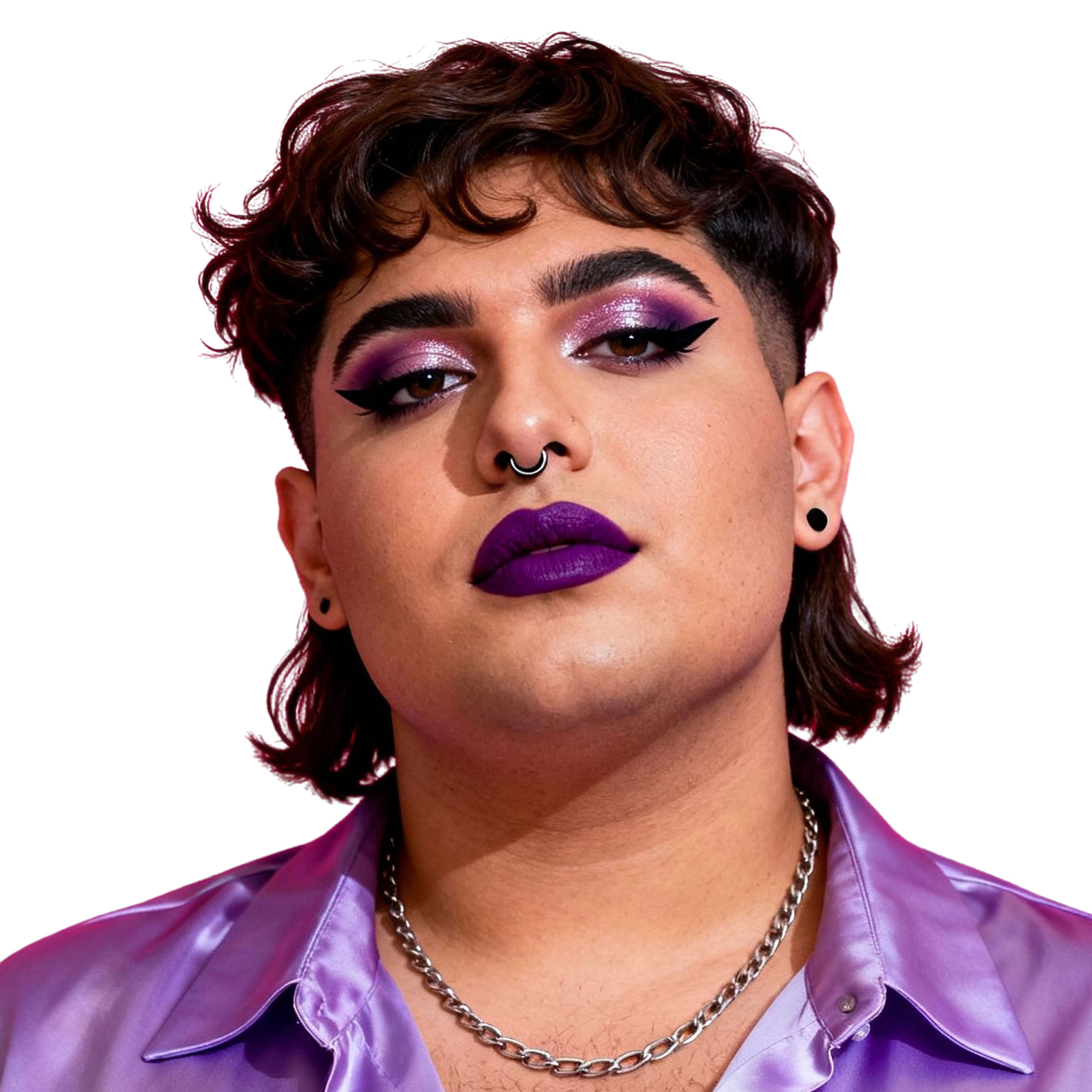 AI-generated portrait of a young person with short textured hair and dramatic eye makeup, wearing a satin purple shirt and chain necklace, posed with a confident expression against a transparent background in cool light.