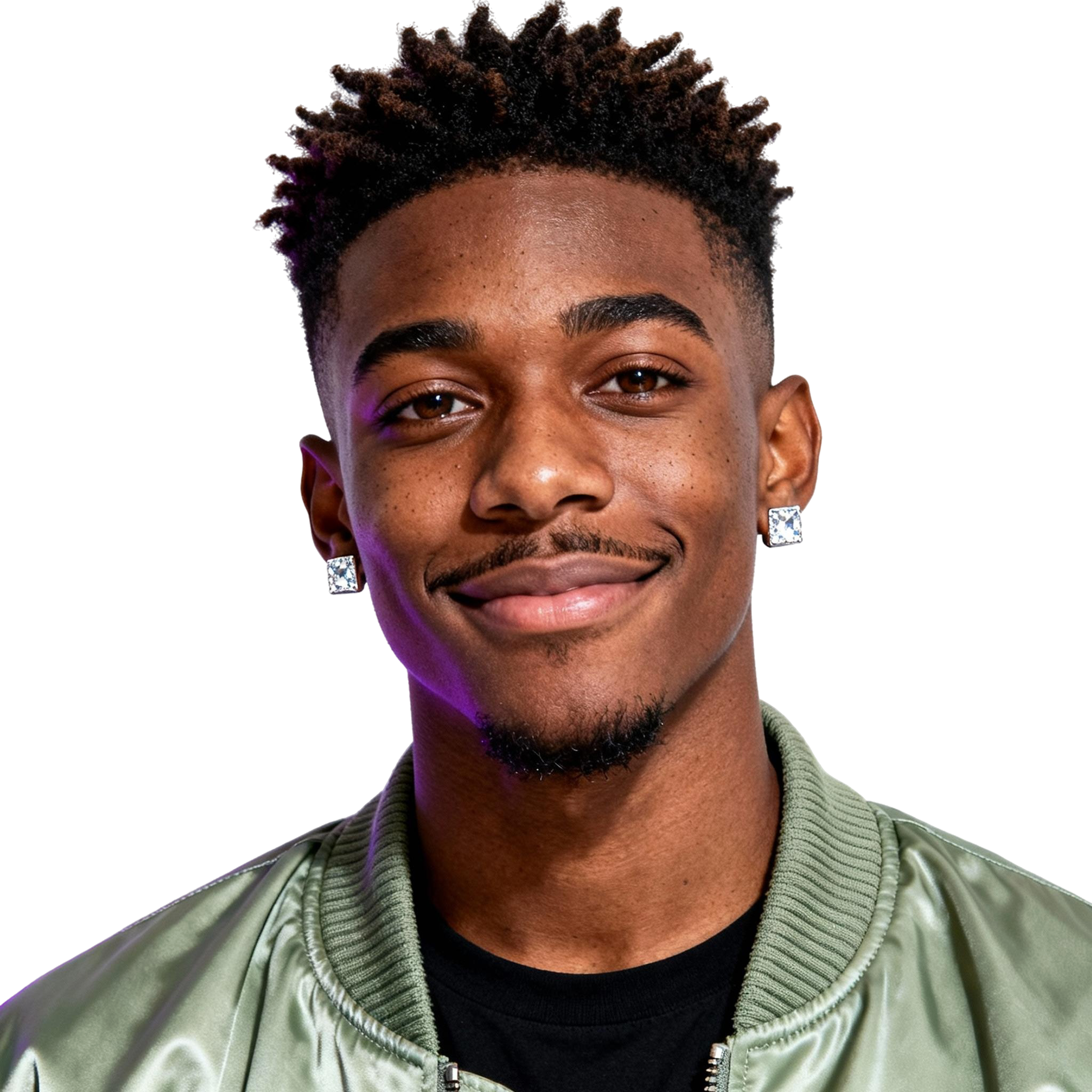 AI-generated portrait of a young man with short twisted hair and a faint mustache, wearing a green bomber jacket over a dark shirt, posed with a neutral expression against a transparent background in cool diffused light.