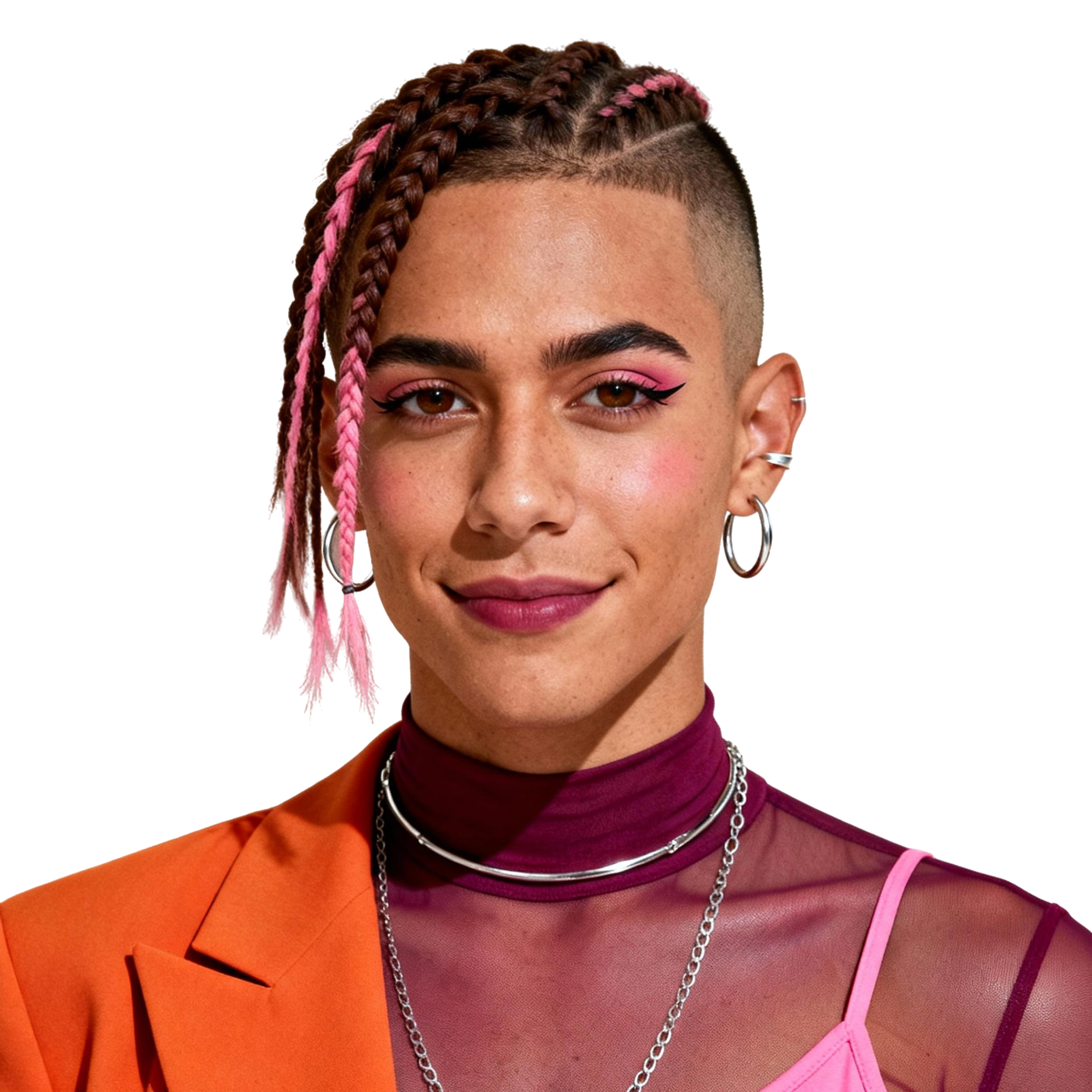 AI-generated portrait of a young person with braided hair and a shaved side, wearing hoop earrings, layered necklaces, and colorful makeup, posed with a confident expression against a transparent background in bright light.