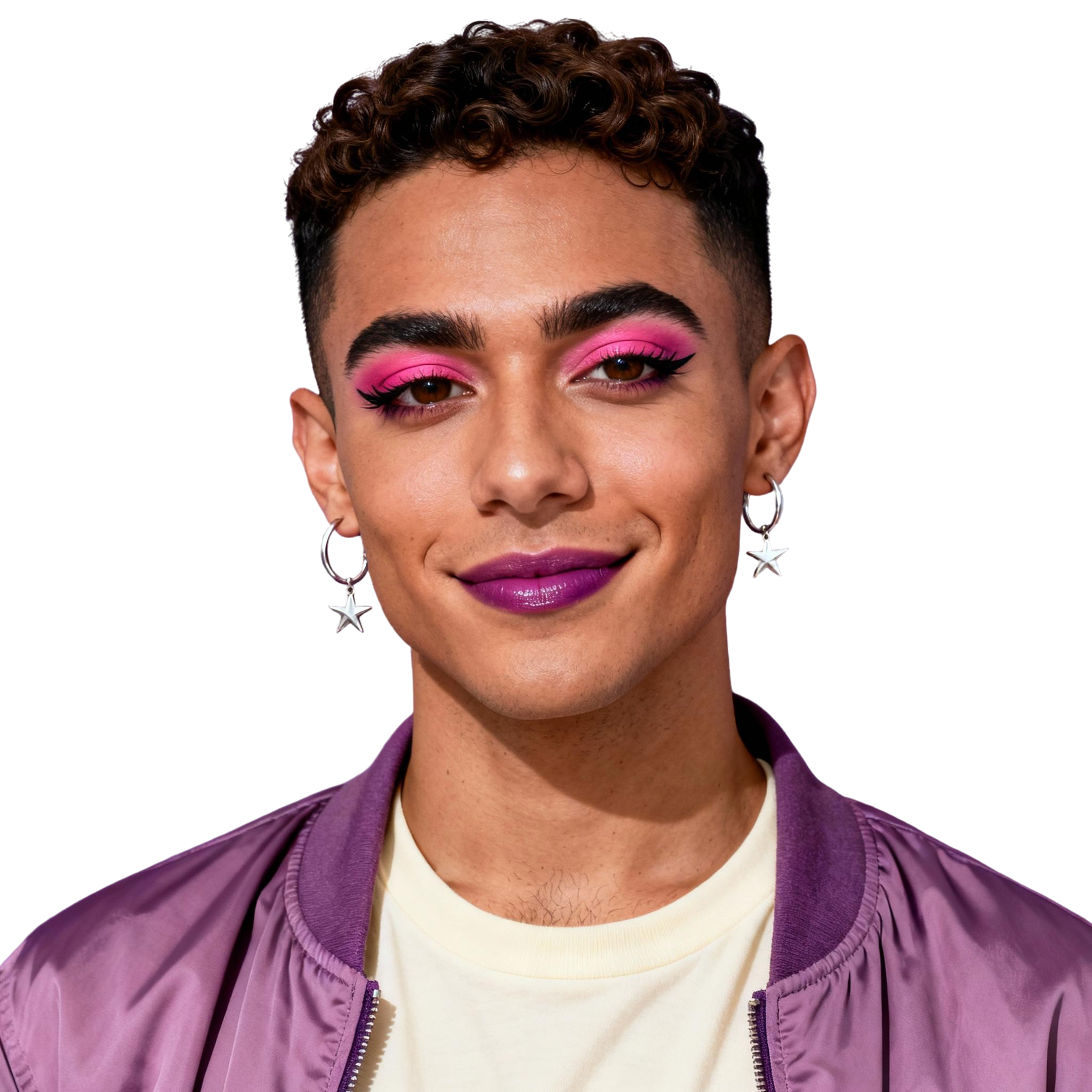 AI-generated portrait of a young person with short curly hair and defined brows, wearing star earrings, a satin jacket, and bright makeup, posed with a self-assured expression against a transparent background in mixed light.