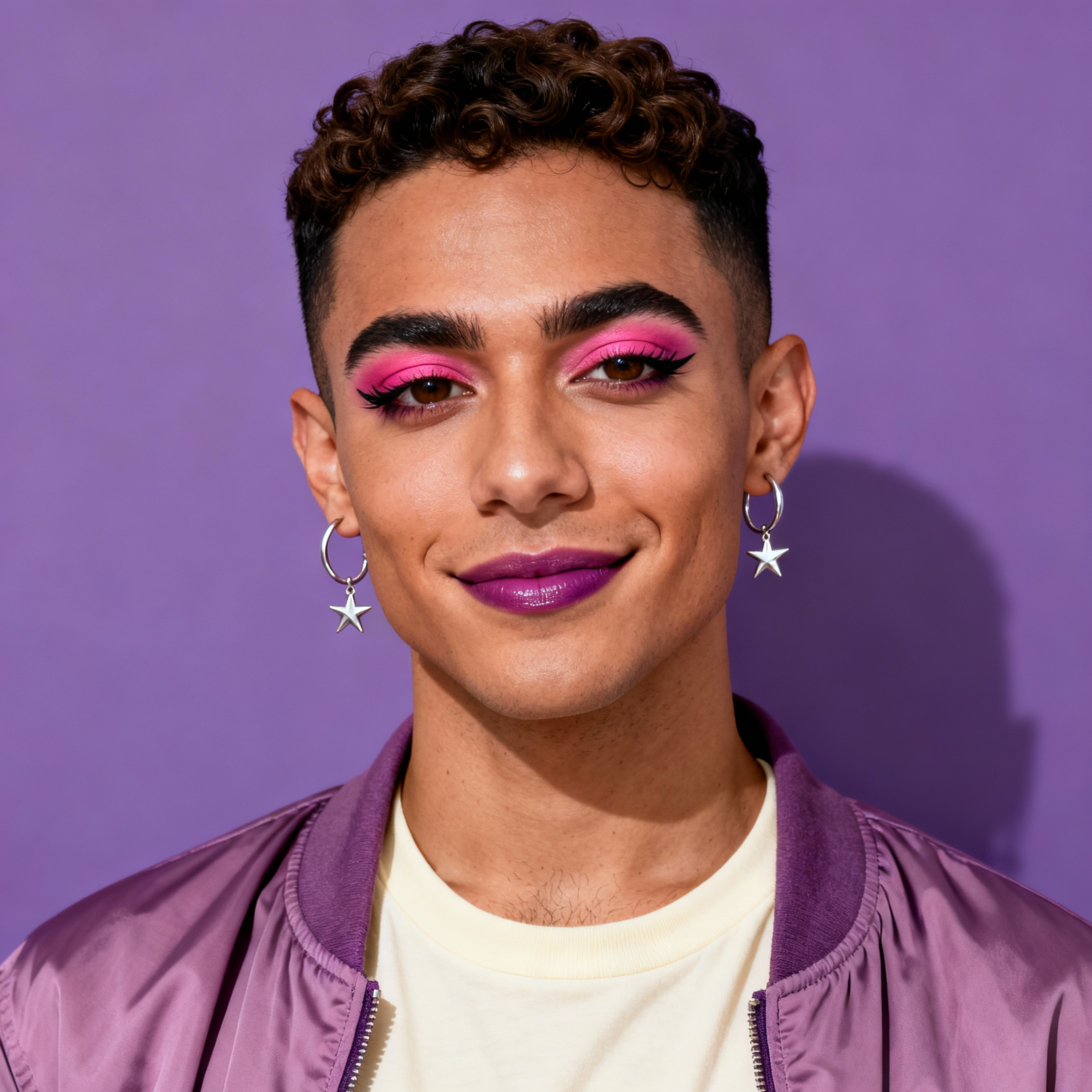 AI-generated portrait of a young person with short curly hair and defined brows, wearing star earrings, a satin jacket, and bright makeup, posed with a self-assured expression against a purple studio background in mixed light.