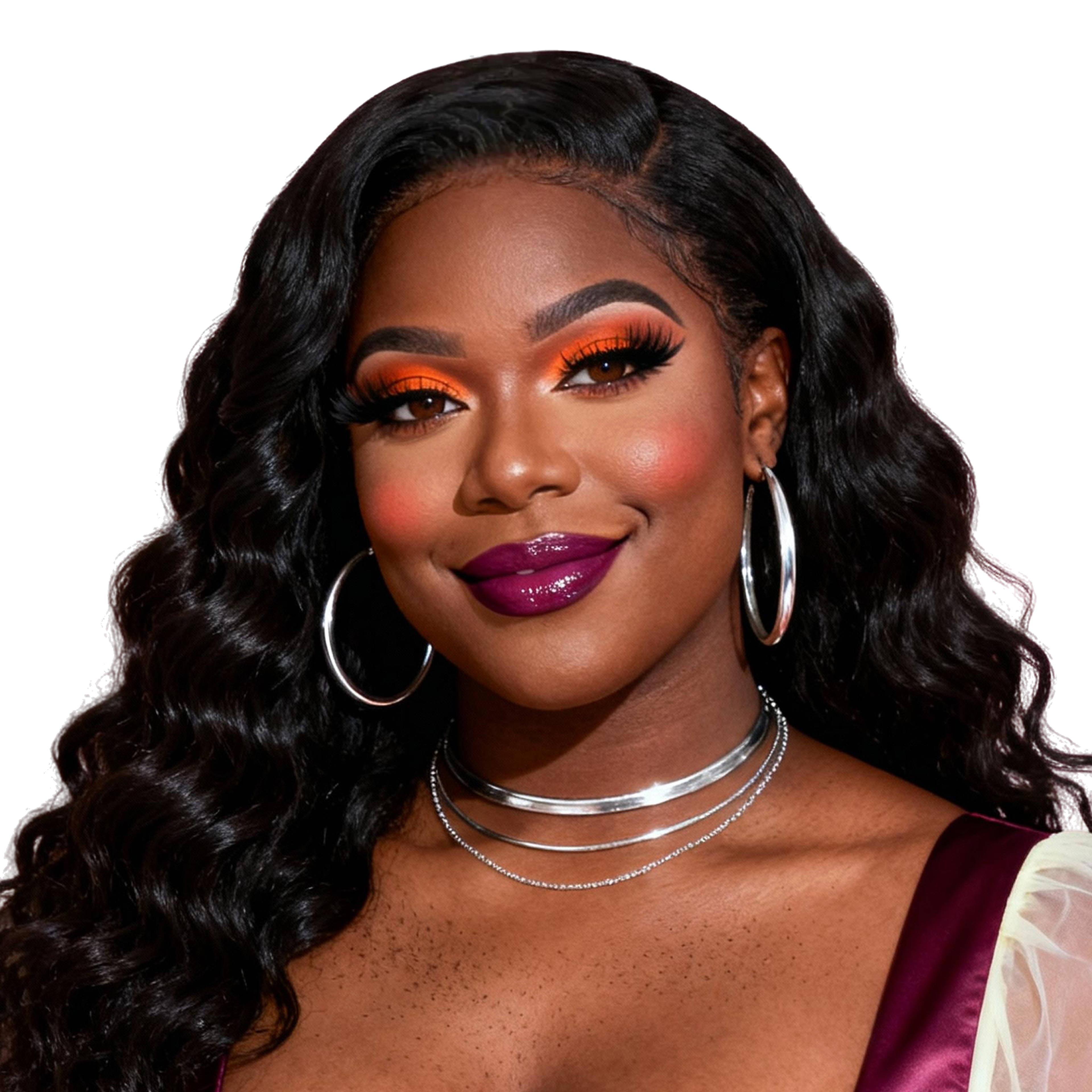 AI-generated portrait of a young woman with long wavy hair and warm-toned makeup, wearing hoop earrings and layered necklaces, posed with a proud expression against a transparent background in diffused light.