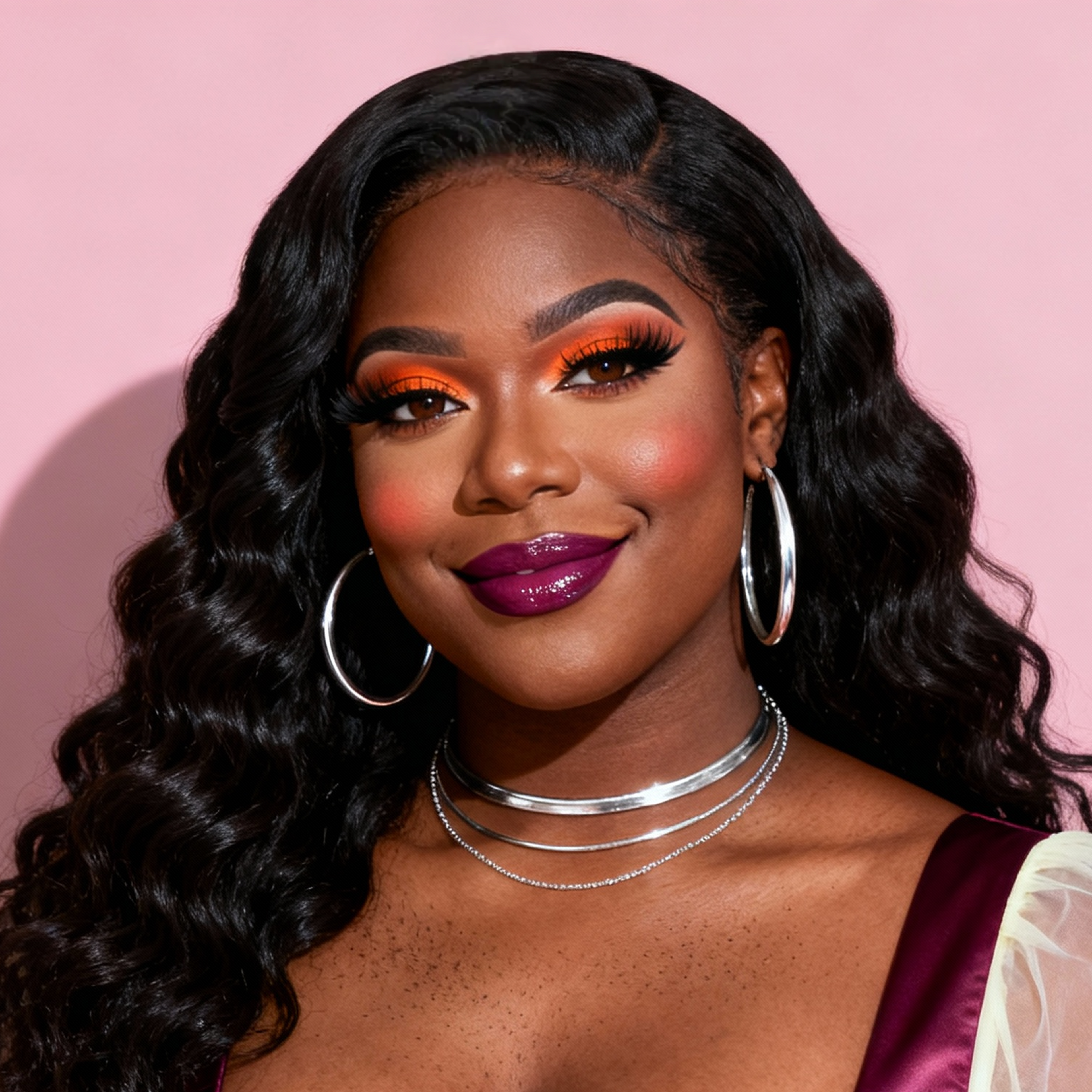 AI-generated portrait of a young woman with long wavy hair and warm-toned makeup, wearing hoop earrings and layered necklaces, posed with a proud expression against a soft pink studio background in diffused light.