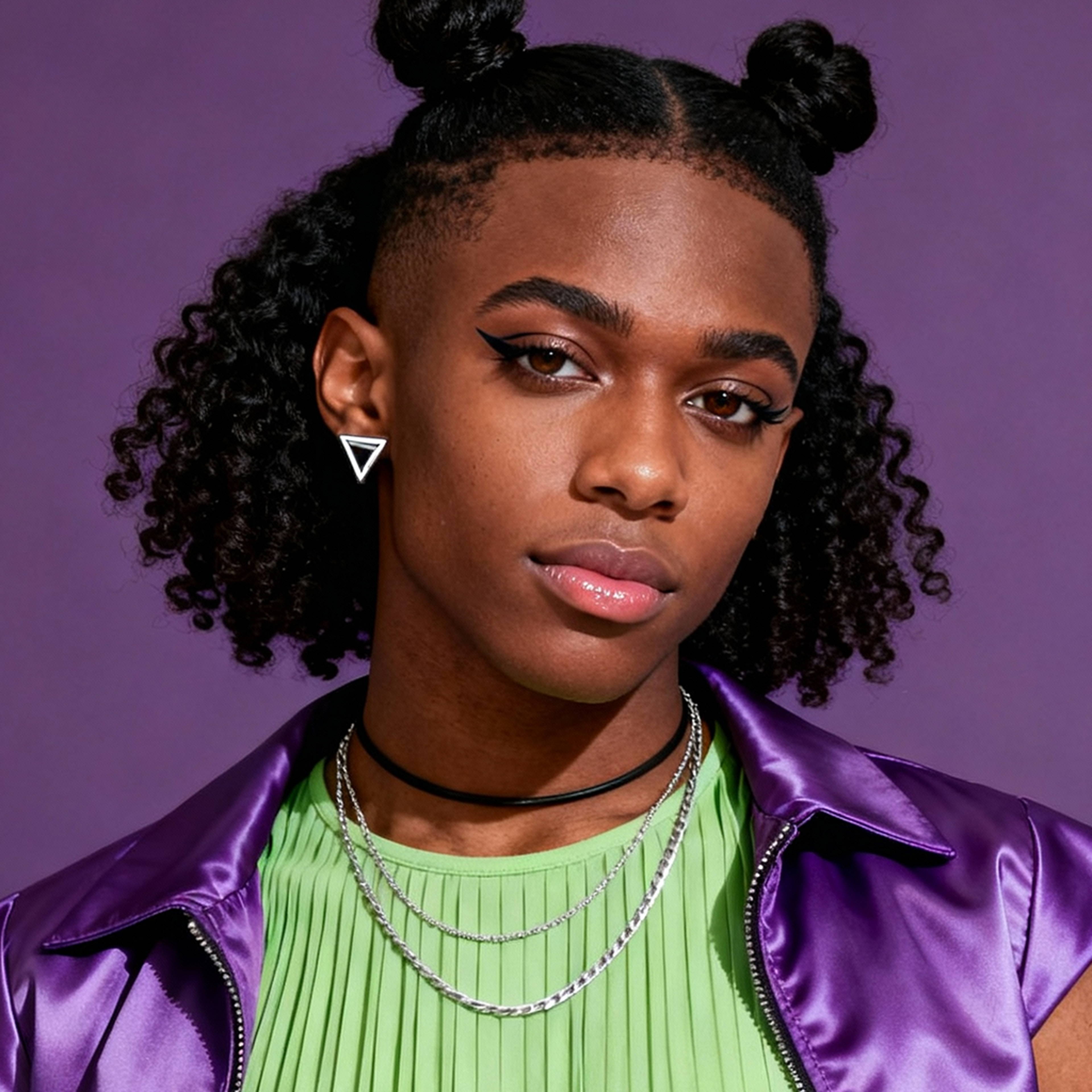 AI-generated portrait of a young woman with curly hair styled in two buns, wearing geometric earrings, layered necklaces, and a vibrant top, posed with a strong expression against a dark studio background in directional light.