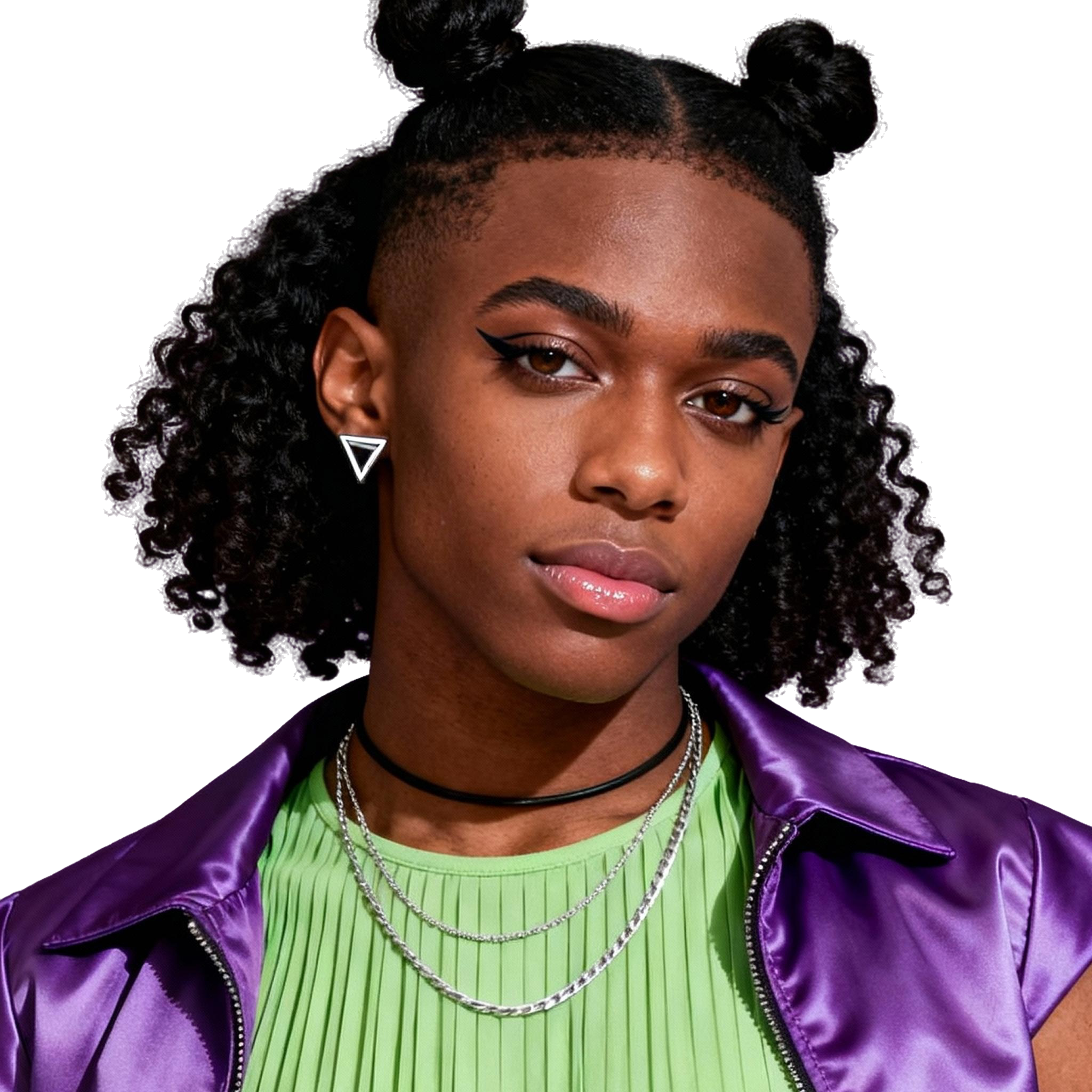 AI-generated portrait of a young woman with curly hair styled in two buns, wearing geometric earrings, layered necklaces, and a vibrant top, posed with a strong expression against a transparent background in directional light.