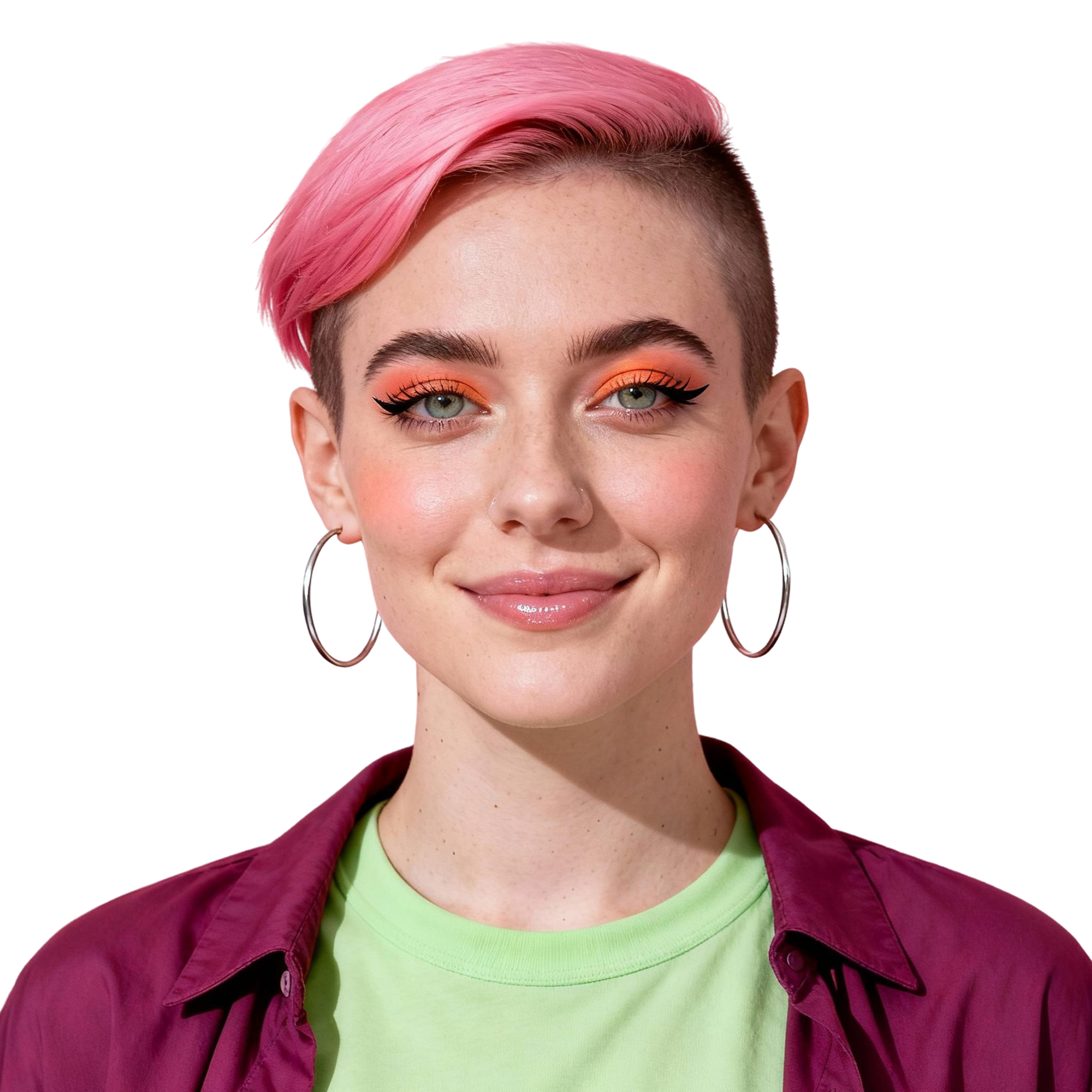 AI-generated portrait of a young person with short pink hair and shaved sides, wearing hoop earrings and a casual layered outfit, posed with a soft smile against a transparent background in bright light.